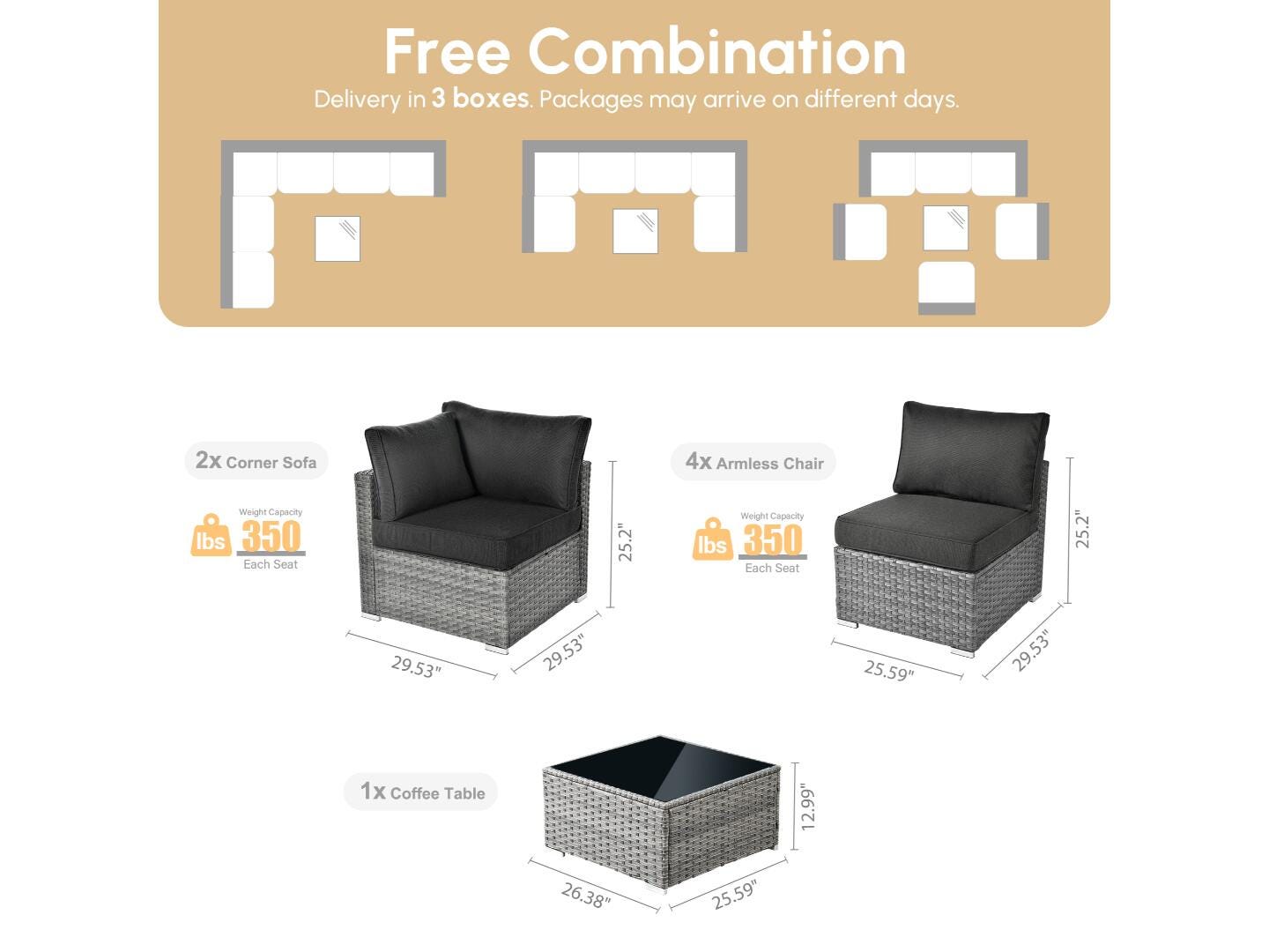 Noviland HOMLUX 7-Piece Outdoor Sectional Set with Coffee Table, Dark Gray, large