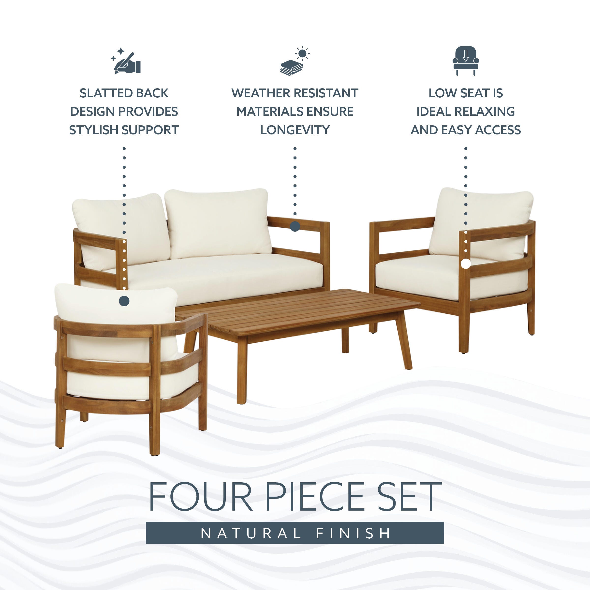 Linon Creston Outdoor Loveseat and 2 Armchairs with Cocktail Table, , large
