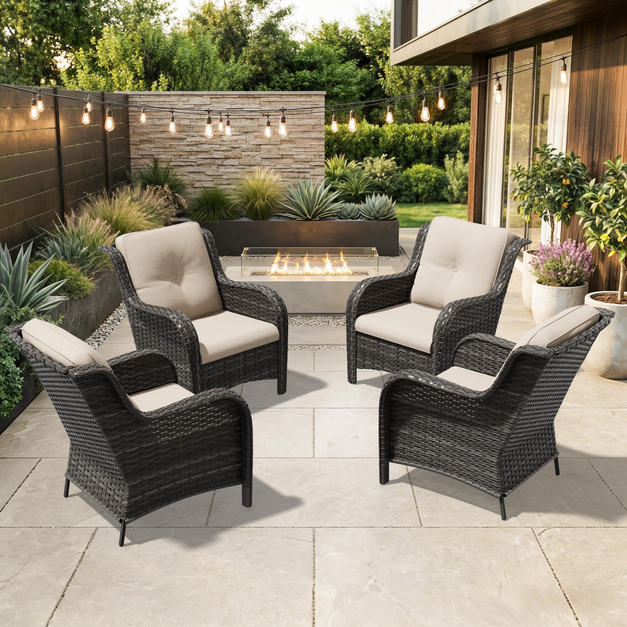 MORN HILL Haven Outdoor Lounge Chair (Set of 4), Beige/Brown, rollover