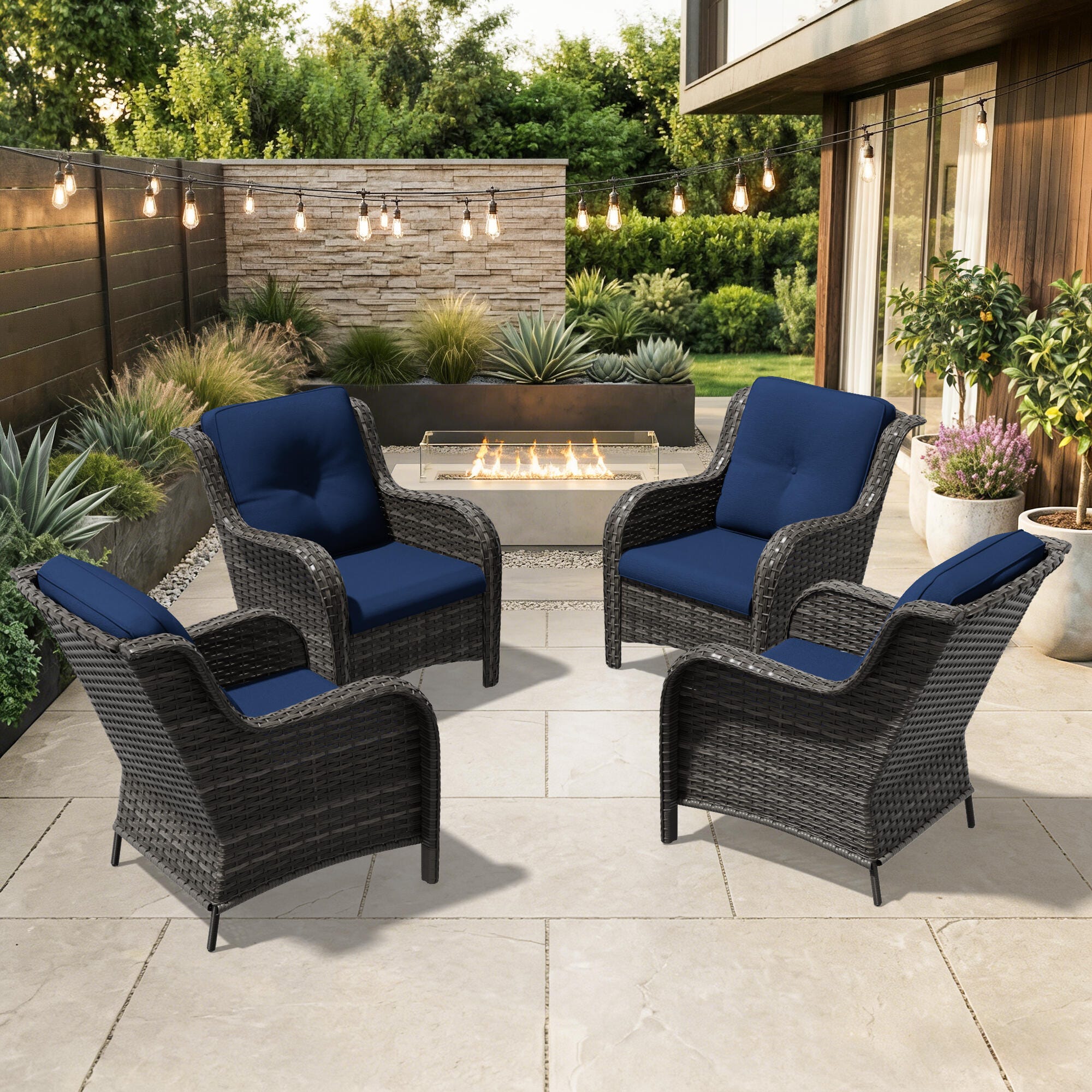 MORN HILL Haven Outdoor Lounge Chair (Set of 4), Blue/Brown, rollover