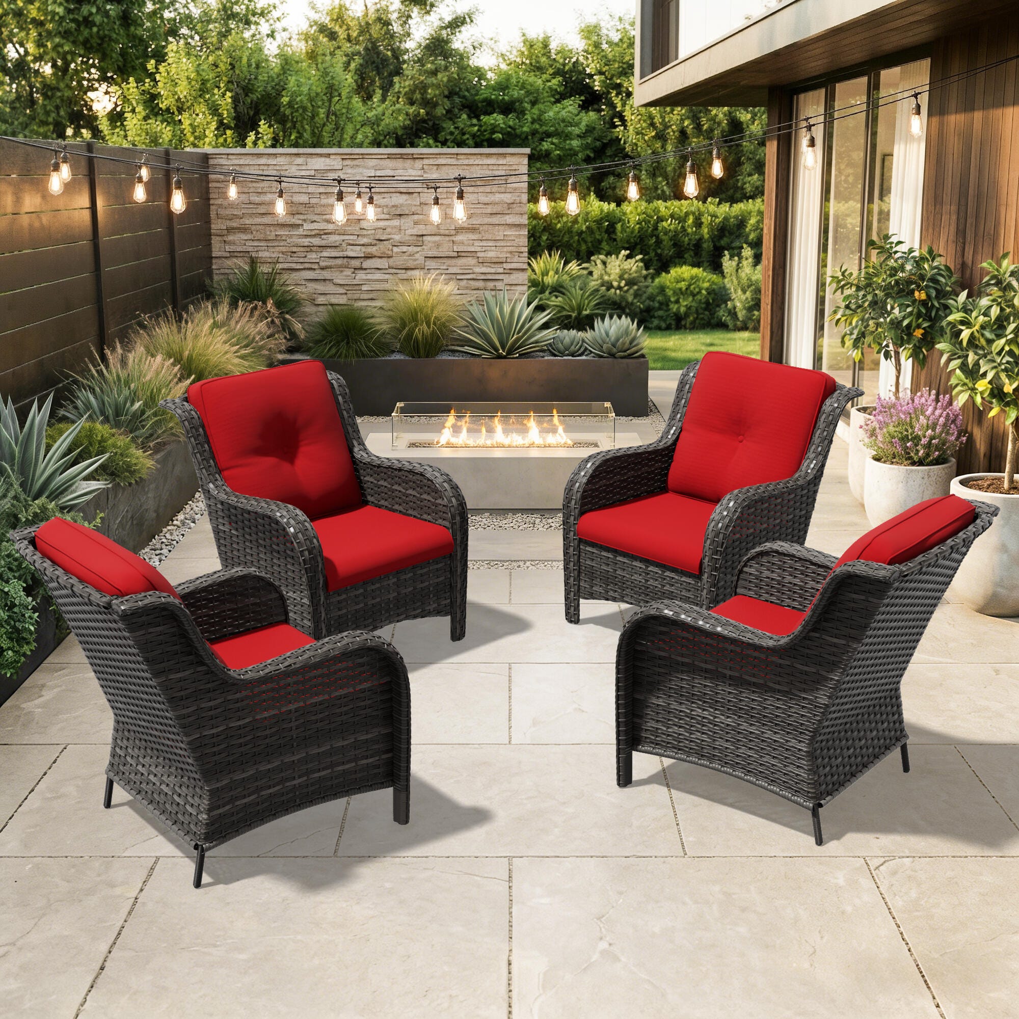 MORN HILL Haven Outdoor Lounge Chair (Set of 4), Red/Brown, rollover