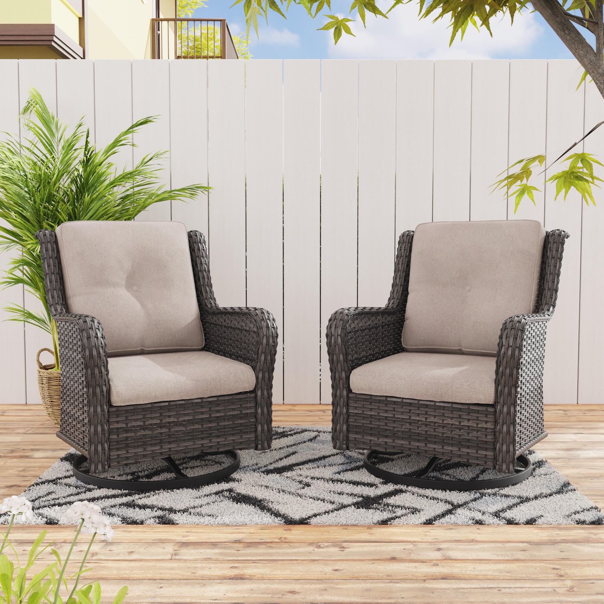 MORN HILL Haven Outdoor Swivel Lounge Chair (Set of 2), Beige/Brown, rollover