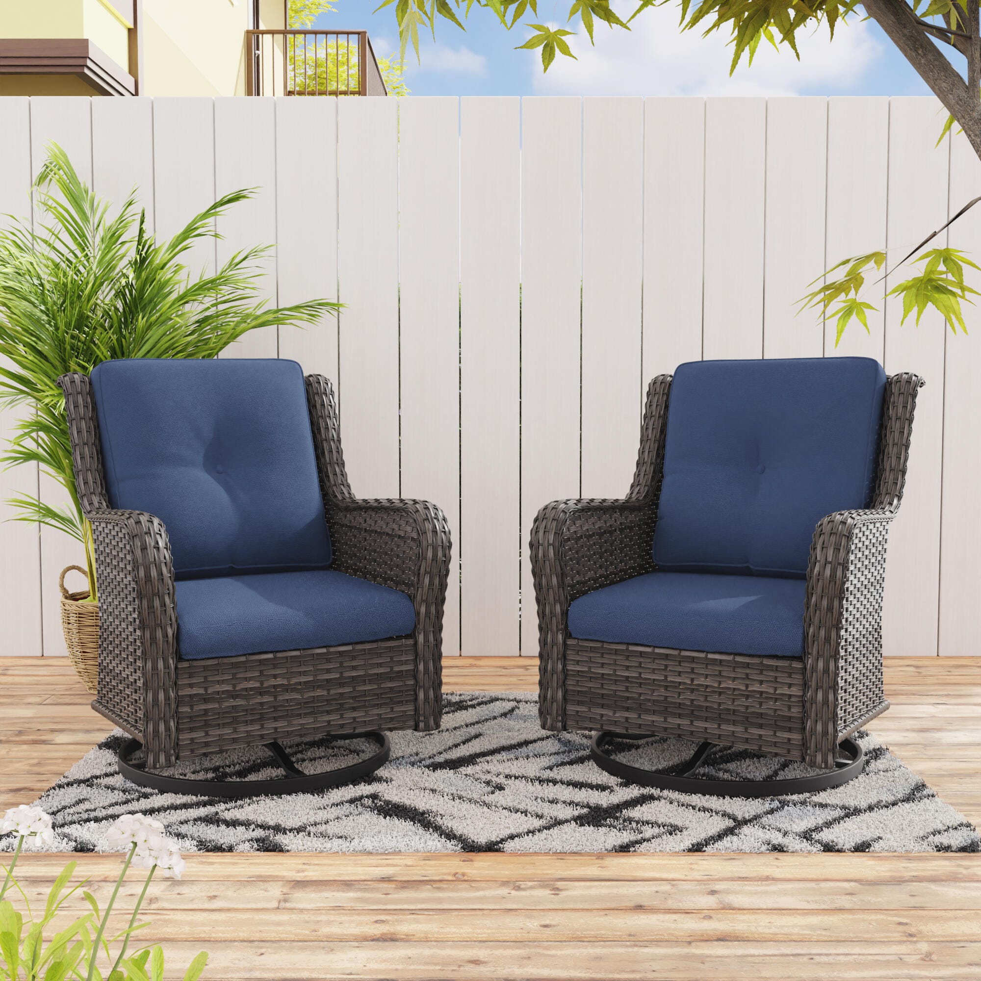 MORN HILL Haven Outdoor Swivel Lounge Chair (Set of 2), Blue/Brown, rollover