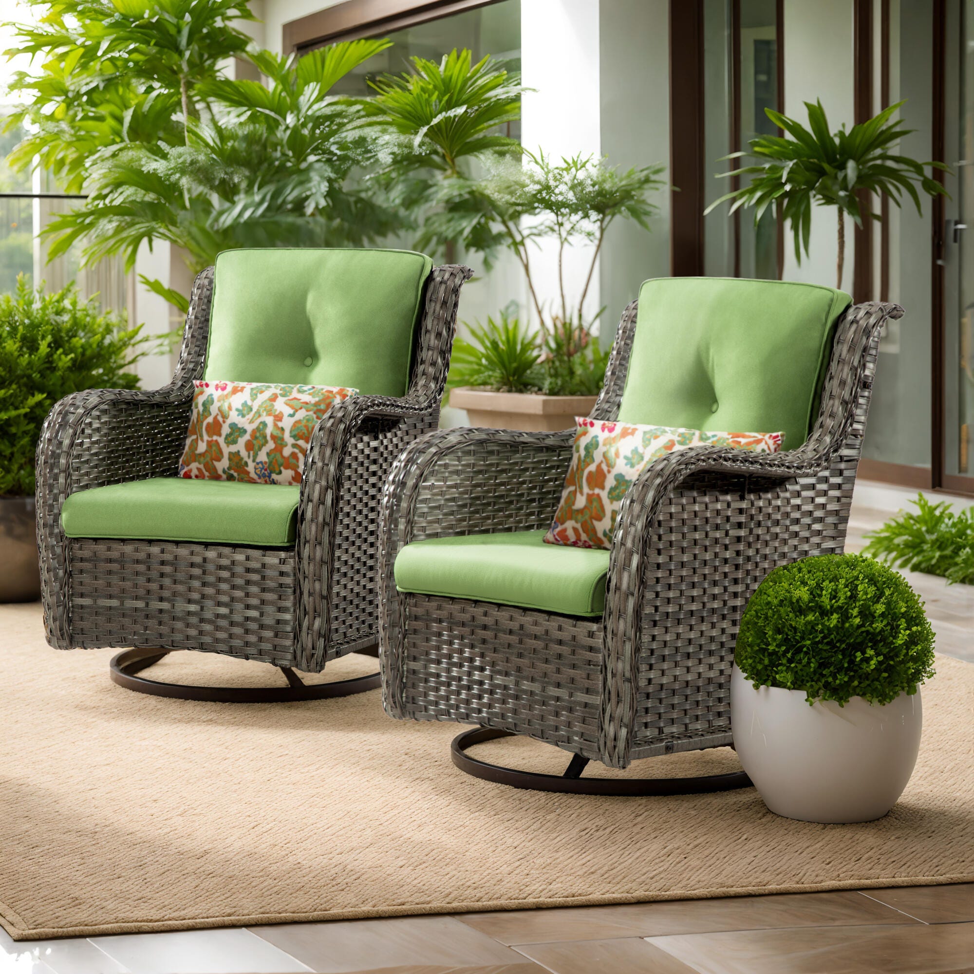 MORN HILL Haven Outdoor Swivel Lounge Chair (Set of 2), Green/Brown, rollover