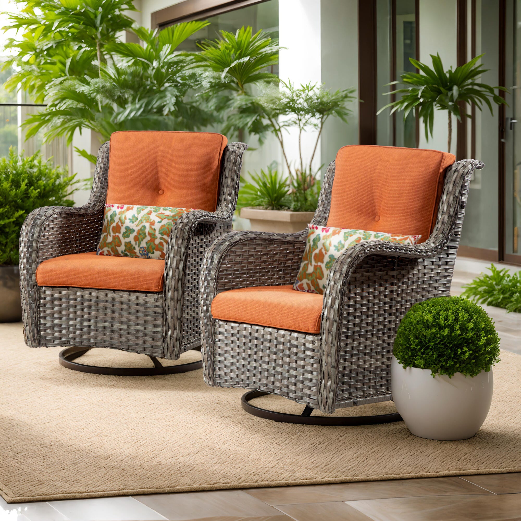 MORN HILL Haven Outdoor Swivel Lounge Chair (Set of 2), Orange/Brown, rollover