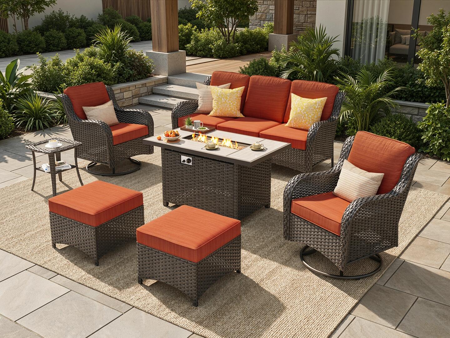 HOMLUX Outdoor Conversation Set with Fire Pit Table, Orange, rollover