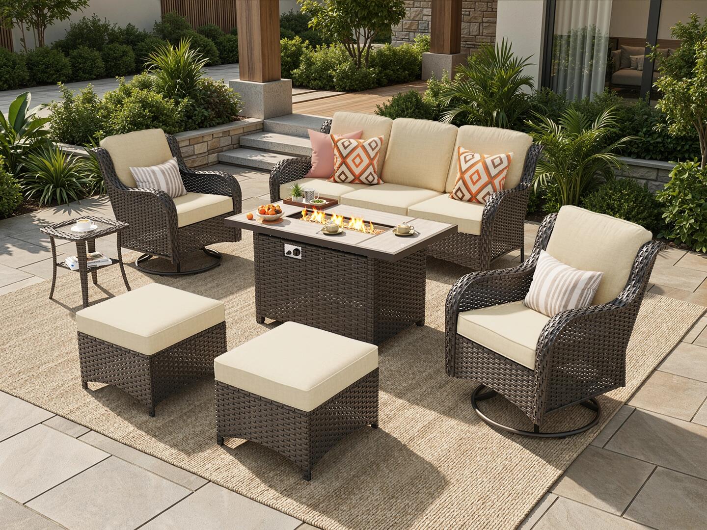 HOMLUX Outdoor Conversation Set with Fire Pit Table, Beige, rollover