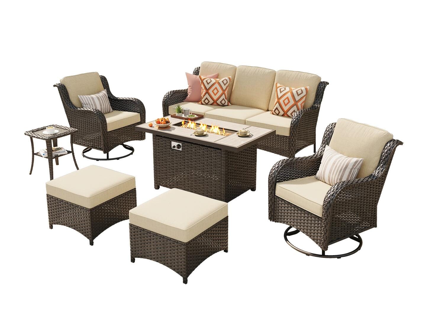 HOMLUX Outdoor Conversation Set with Fire Pit Table, Beige, large