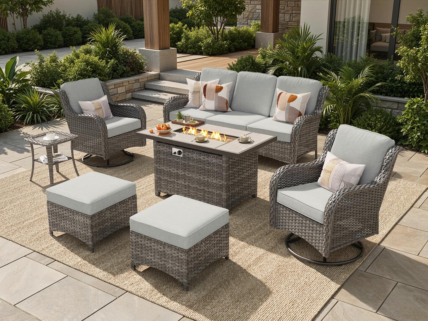 HOMLUX Outdoor Conversation Set with Fire Pit Table, Gray, rollover