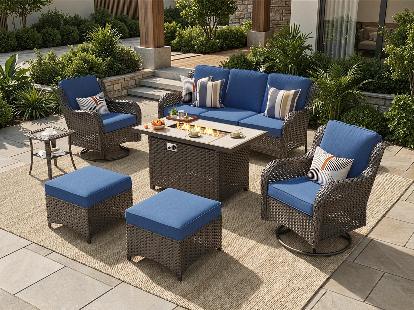 HOMLUX Outdoor Conversation Set with Fire Pit Table, Navy Blue, rollover