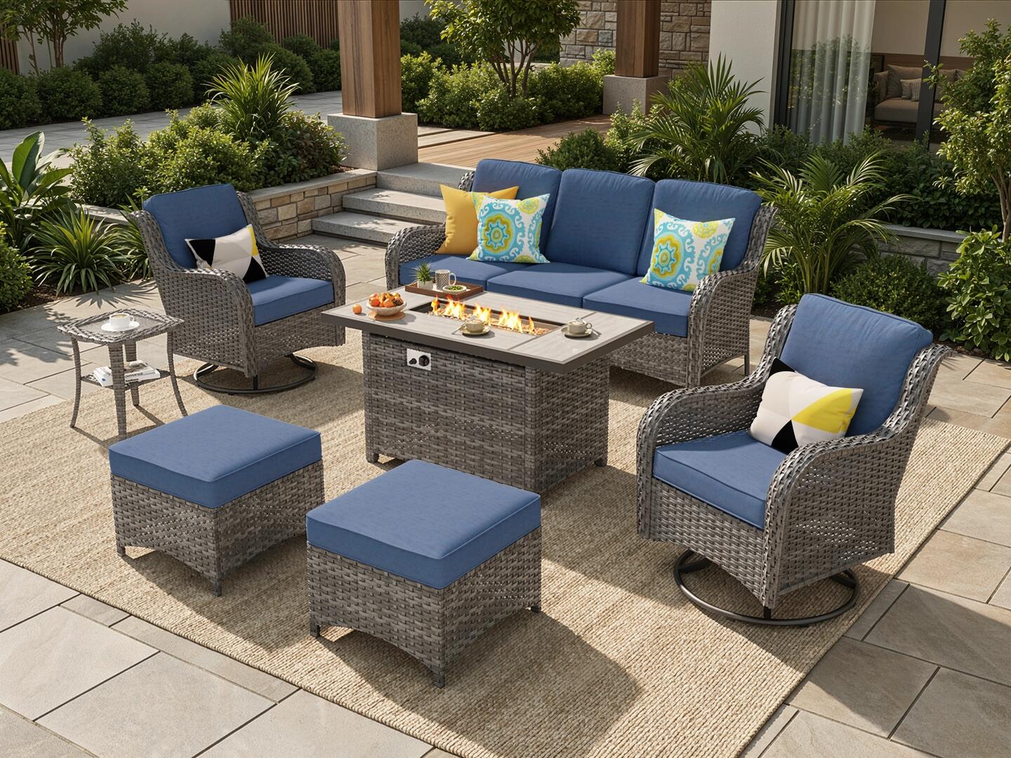 HOMLUX Outdoor Conversation Set with Fire Pit Table, Denim Blue, large