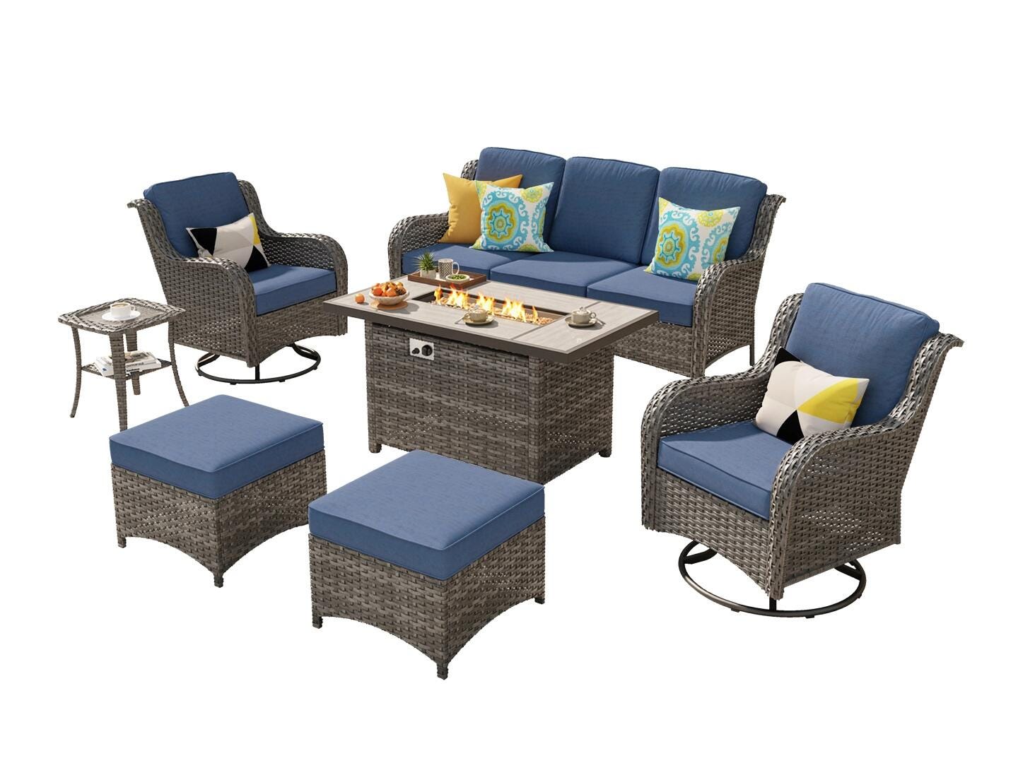 HOMLUX Outdoor Conversation Set with Fire Pit Table, Denim Blue, large