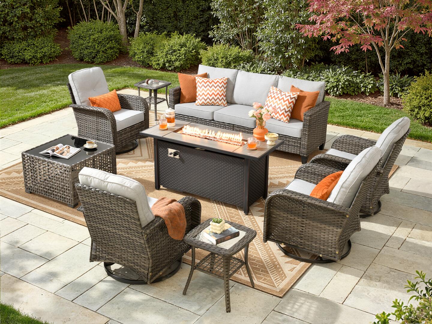 HOMLUX Solid Outdoor Conversation Set with Fire Pit Table, Gray, rollover