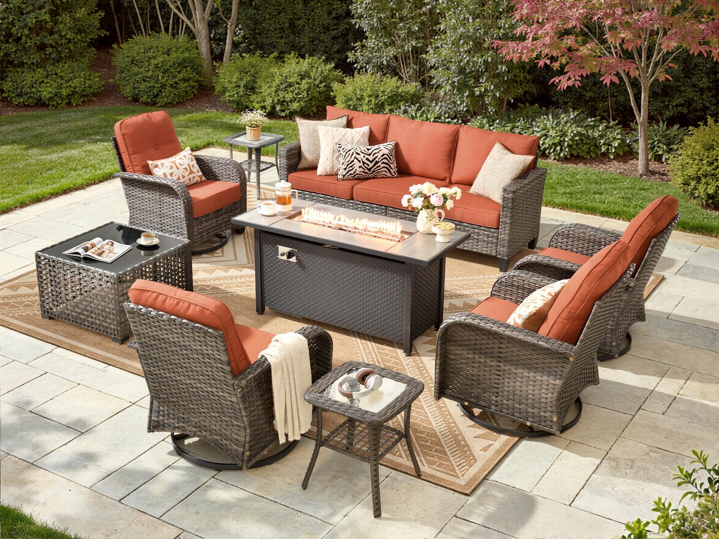 HOMLUX Solid Outdoor Conversation Set with Fire Pit Table, Orange, rollover