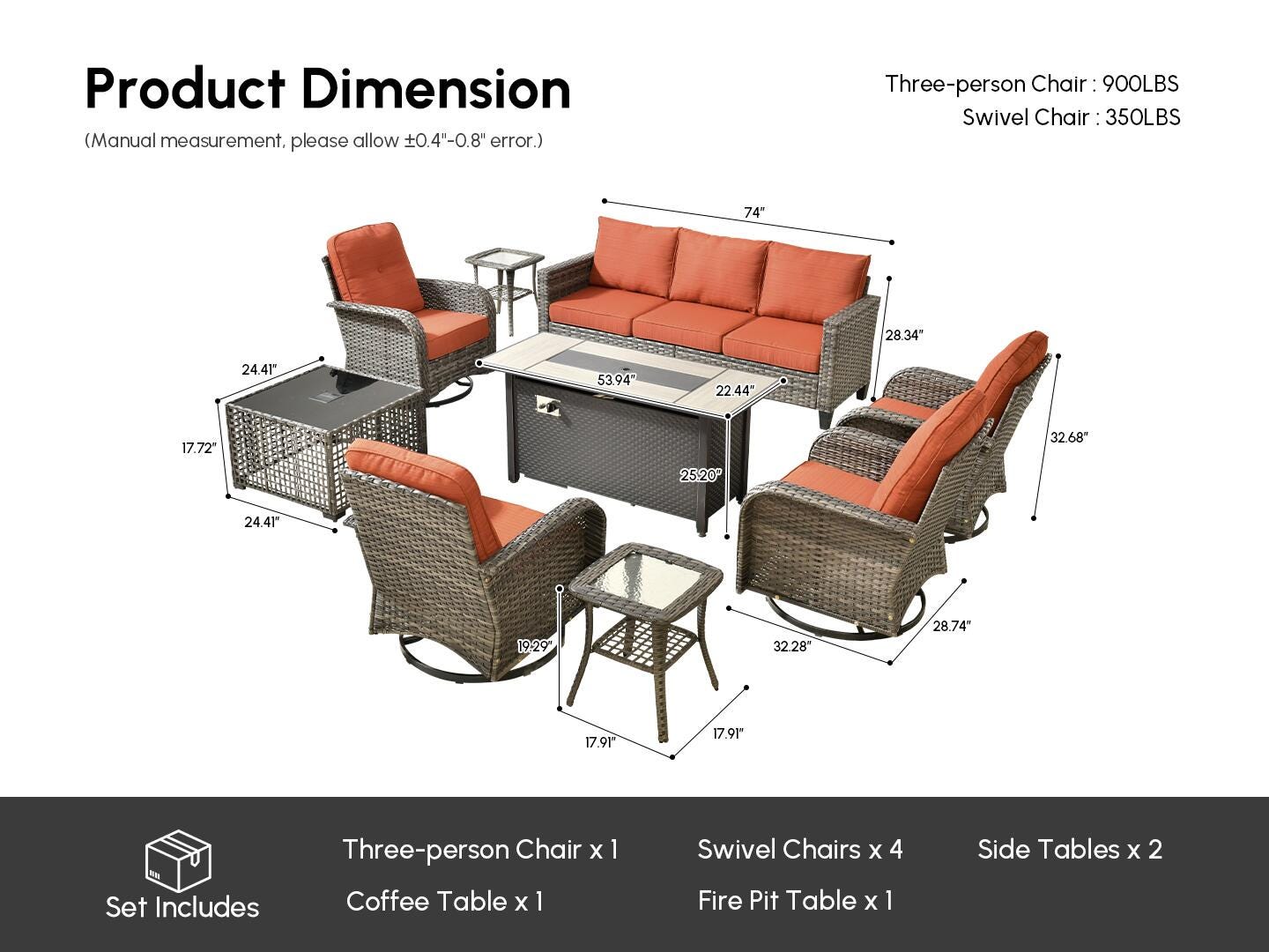 HOMLUX Solid Outdoor Conversation Set with Fire Pit Table, Orange, large