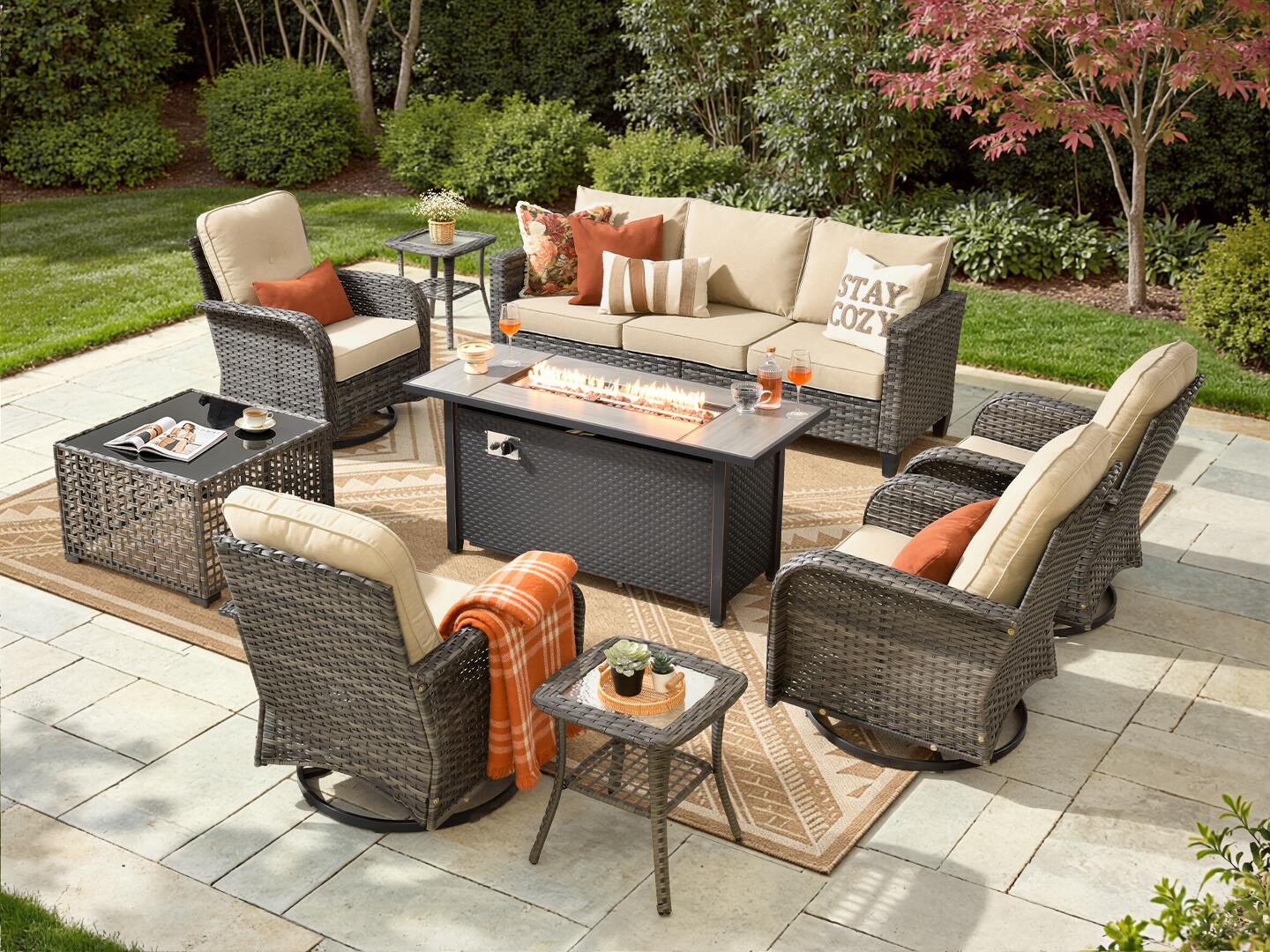 HOMLUX Solid Outdoor Conversation Set with Fire Pit Table, Beige, rollover