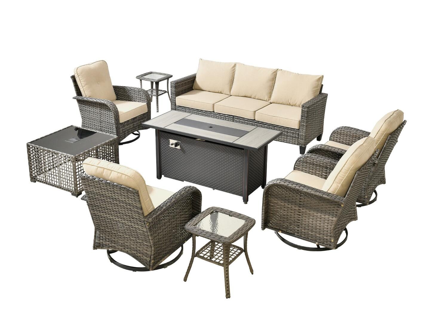 HOMLUX Solid Outdoor Conversation Set with Fire Pit Table, Beige, large