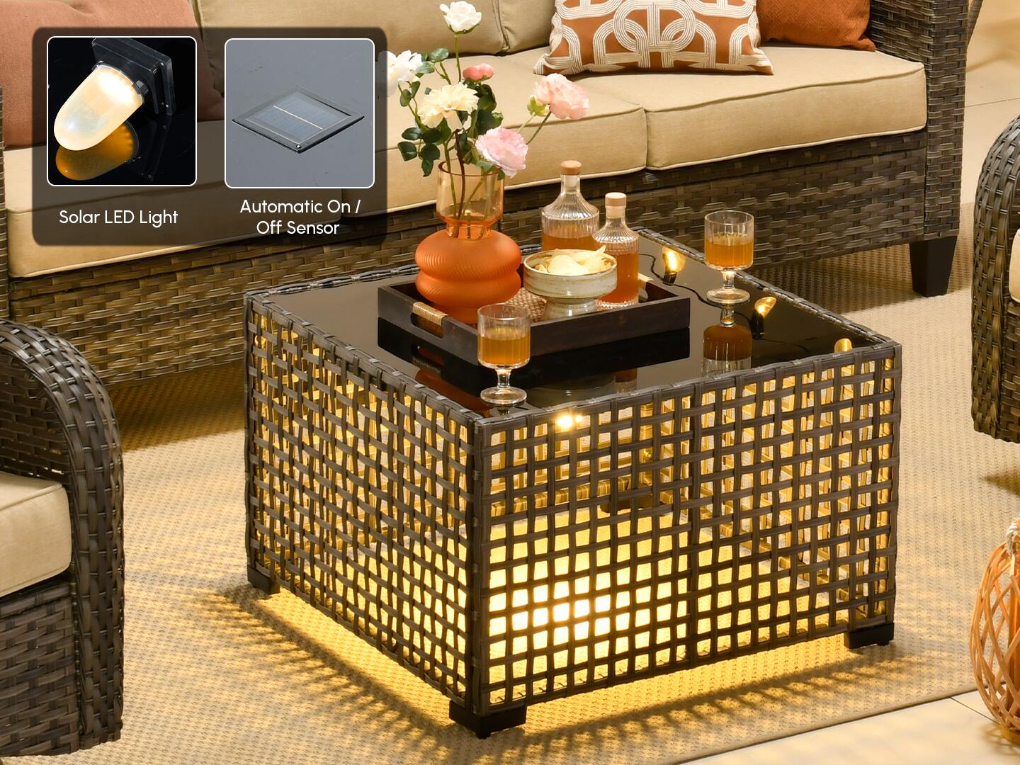 HOMLUX Solid Outdoor Conversation Set with Fire Pit Table, Beige, large