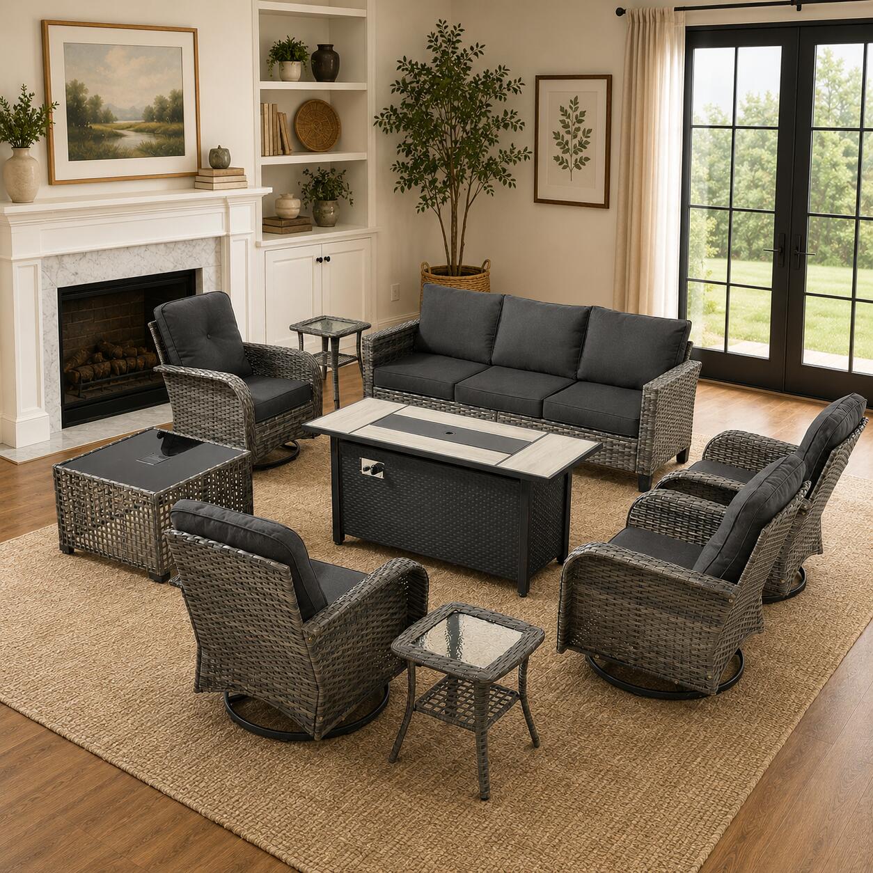 HOMLUX Solid Outdoor Conversation Set with Fire Pit Table, Light Gray, large