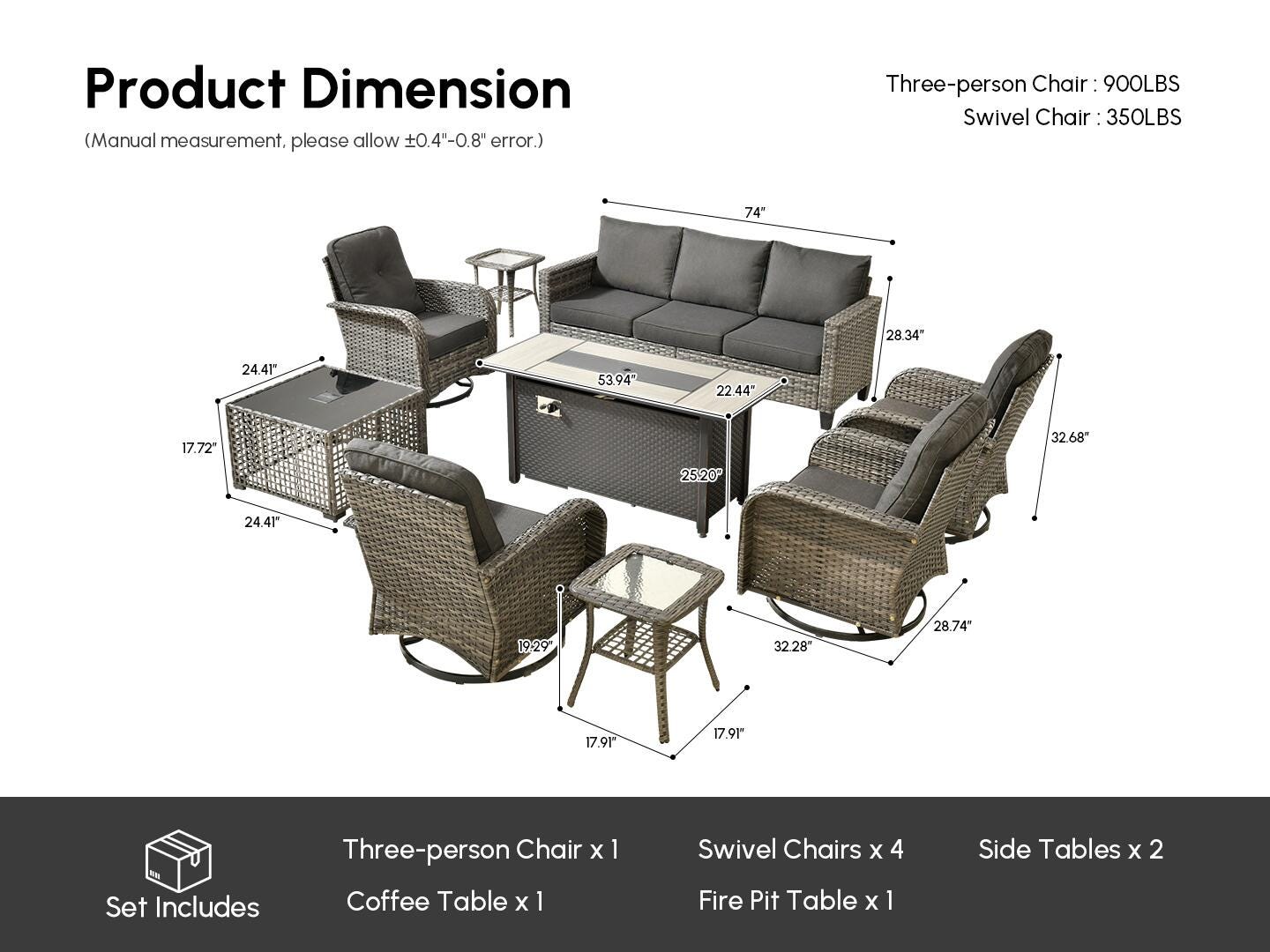 HOMLUX Solid Outdoor Conversation Set with Fire Pit Table, Light Gray, large
