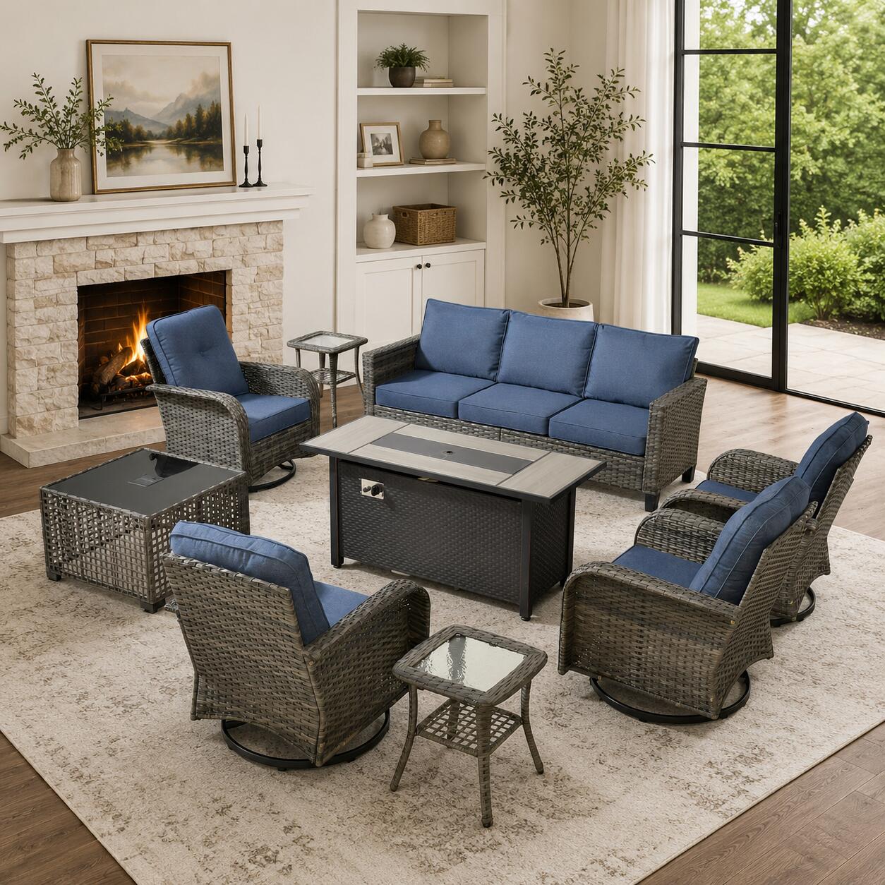 HOMLUX Solid Outdoor Conversation Set with Fire Pit Table, Denim Blue, rollover