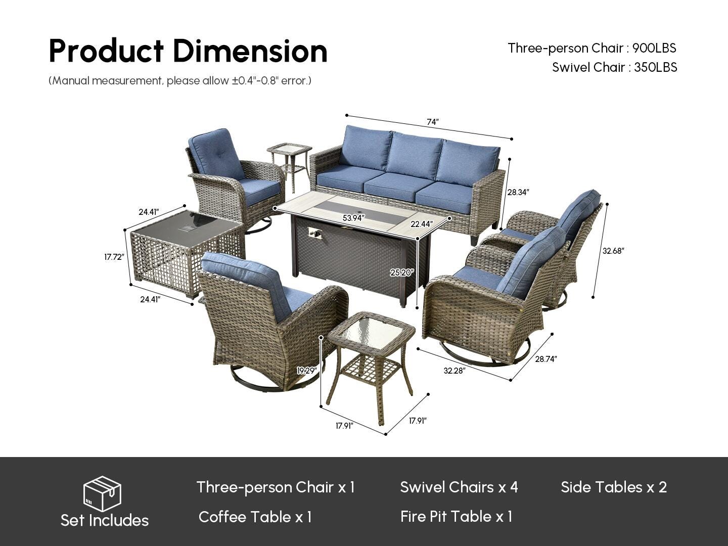 HOMLUX Solid Outdoor Conversation Set with Fire Pit Table, Denim Blue, large