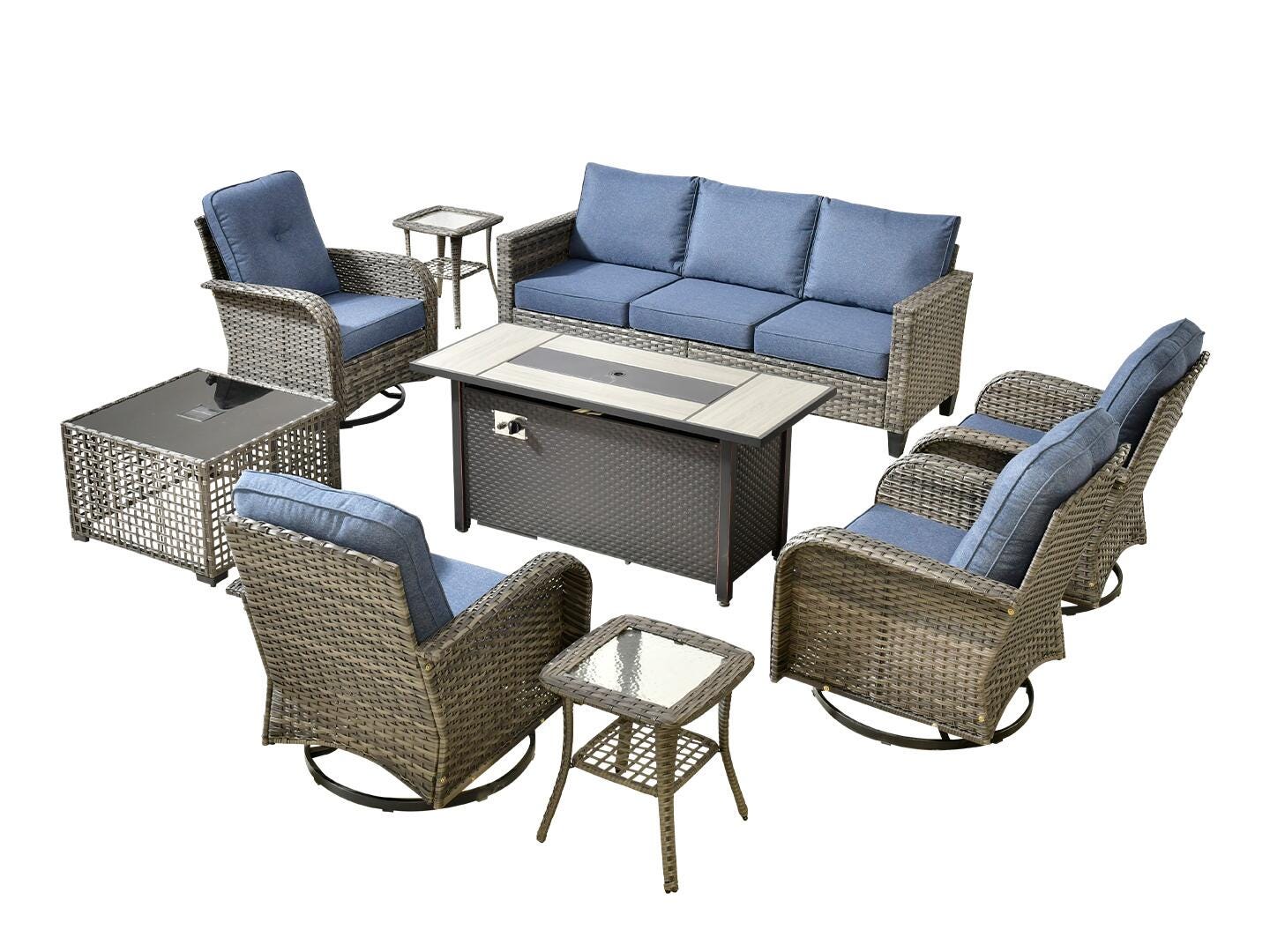 HOMLUX Solid Outdoor Conversation Set with Fire Pit Table, Denim Blue, large