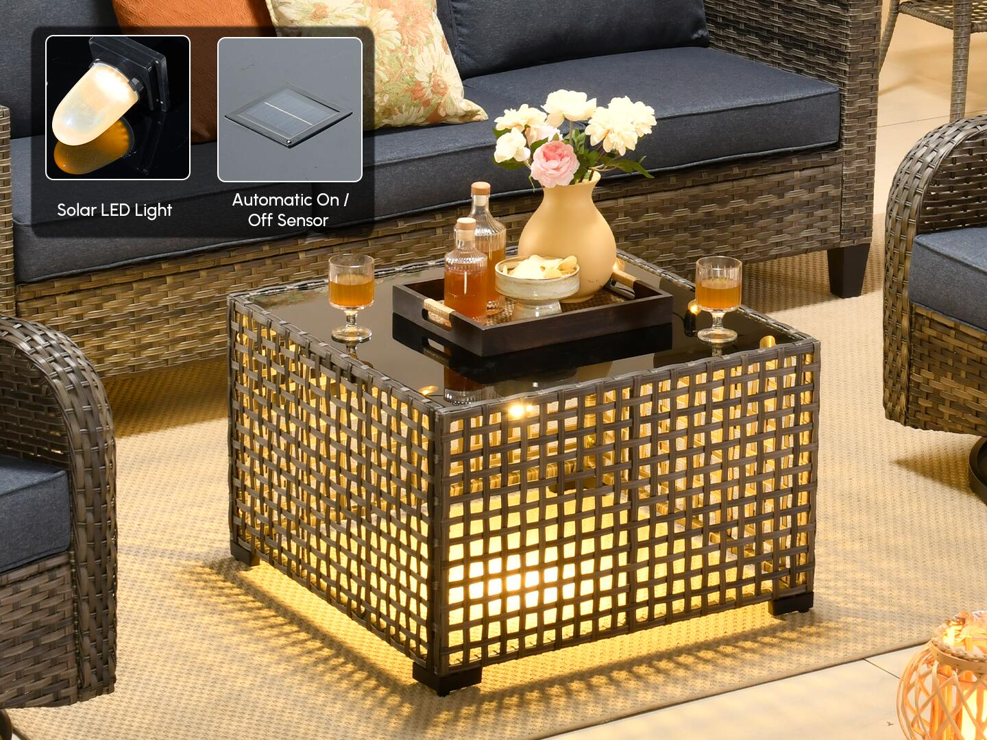 HOMLUX Solid Outdoor Conversation Set with Fire Pit Table, Denim Blue, large
