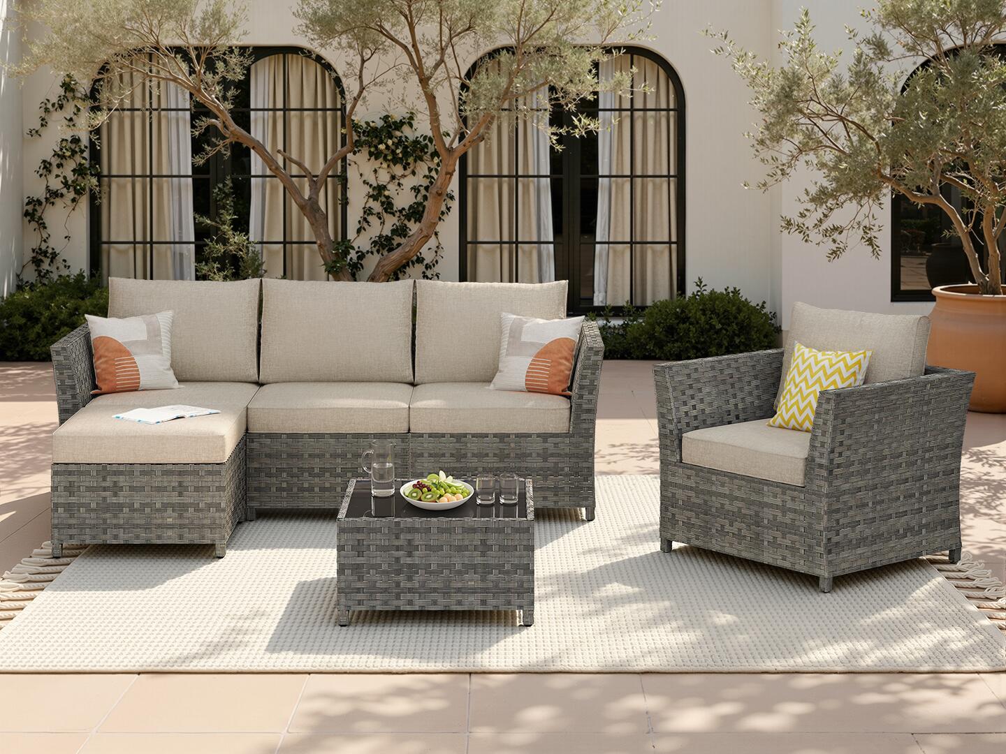 HOMLUX 6-Piece Modular Outdoor Sectional Set, Tan, rollover