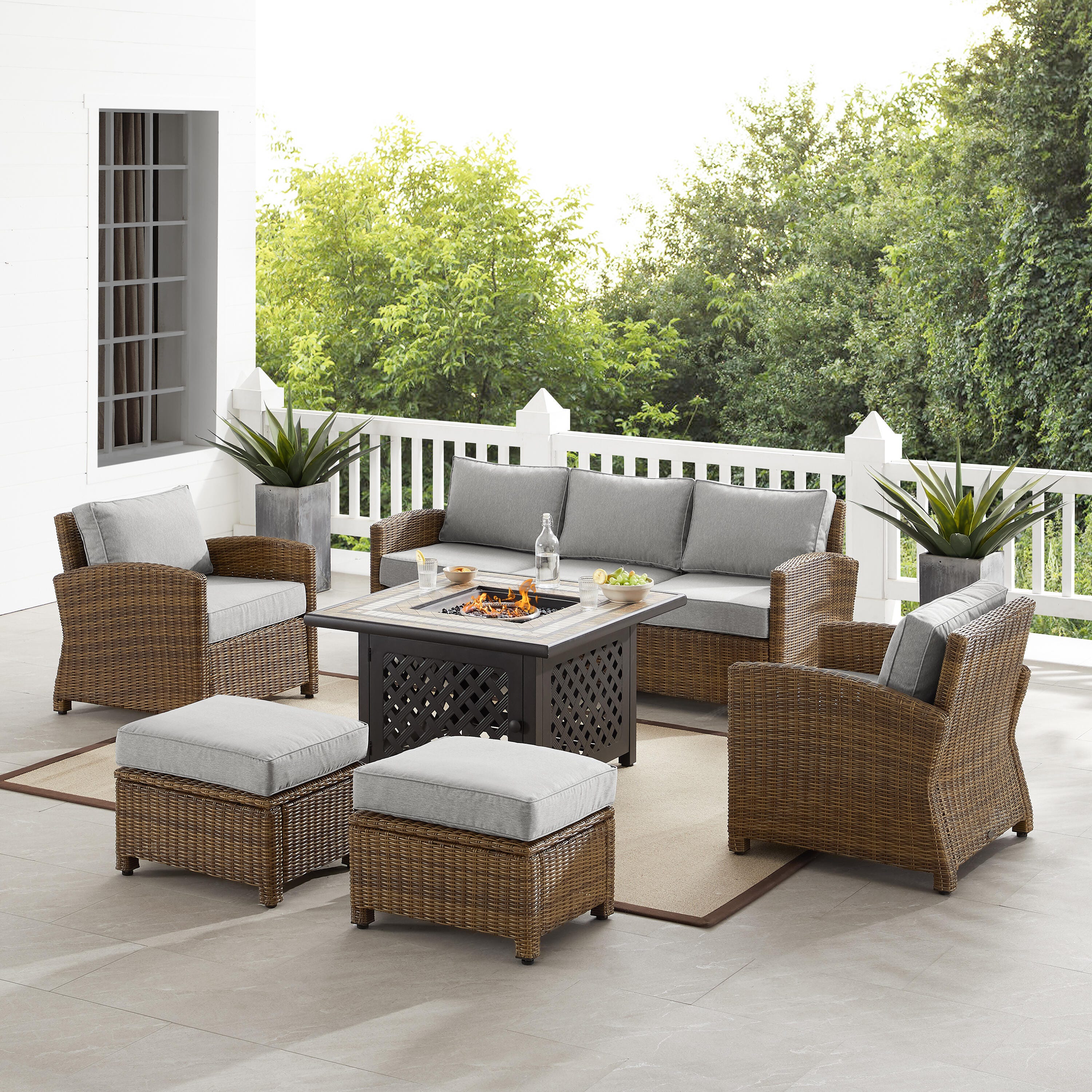 Bradenton 6Pc Outdoor Wicker Sofa Set W/Fire Table, Gray, rollover