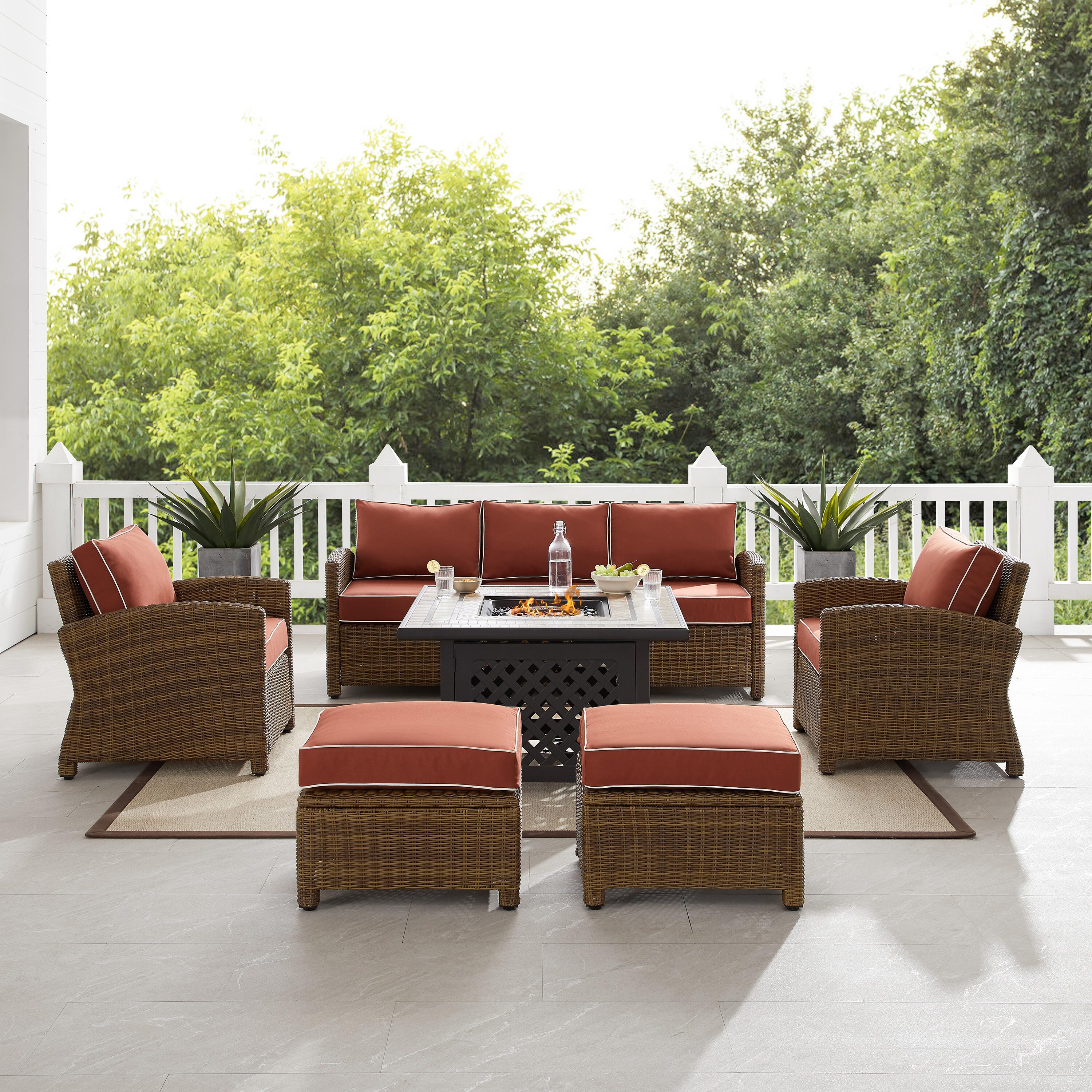 Bradenton 6Pc Outdoor Wicker Sofa Set W/Fire Table, Sangria, large