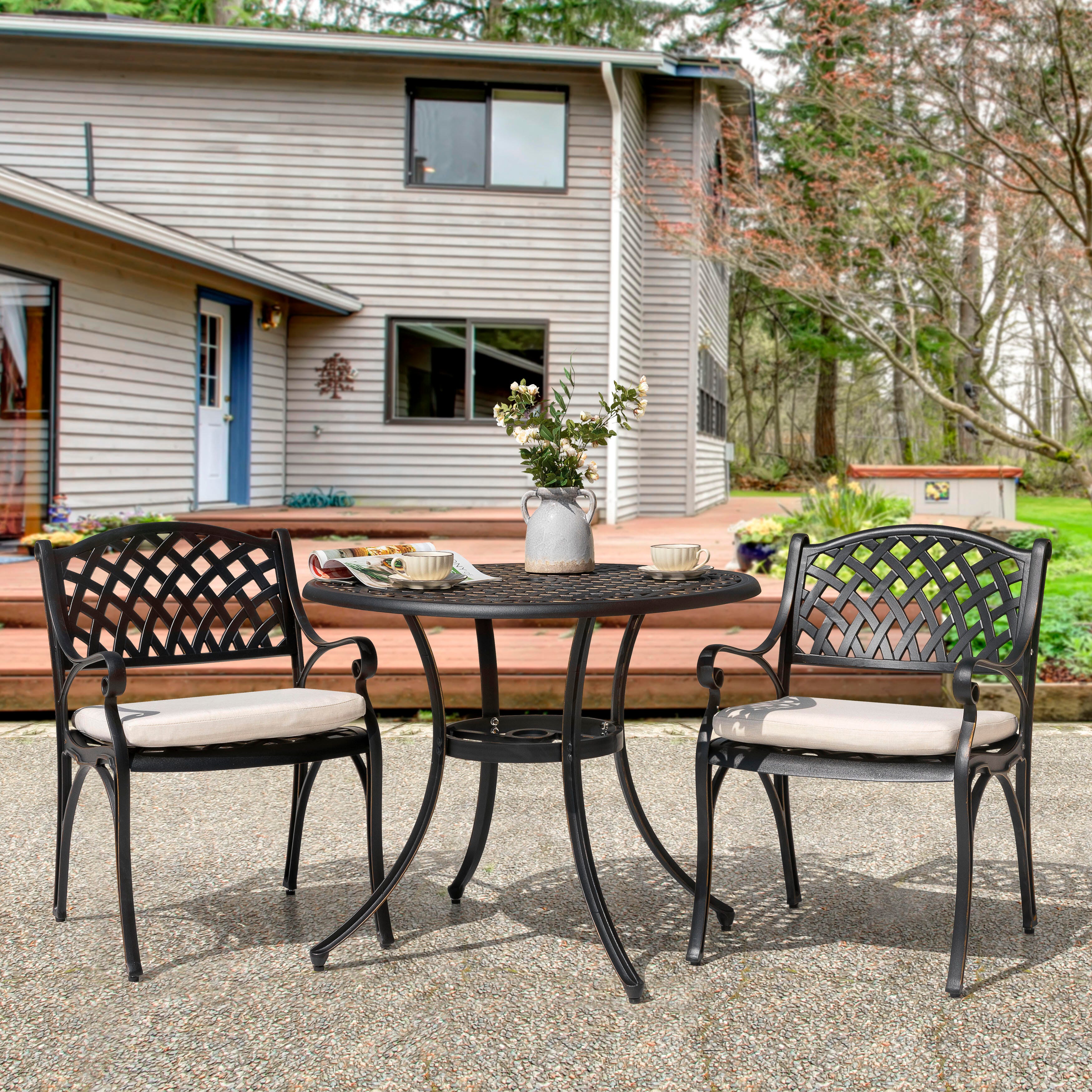 Nuu Garden 3 Piece Bistro Set with White Cushions, White/Black, large