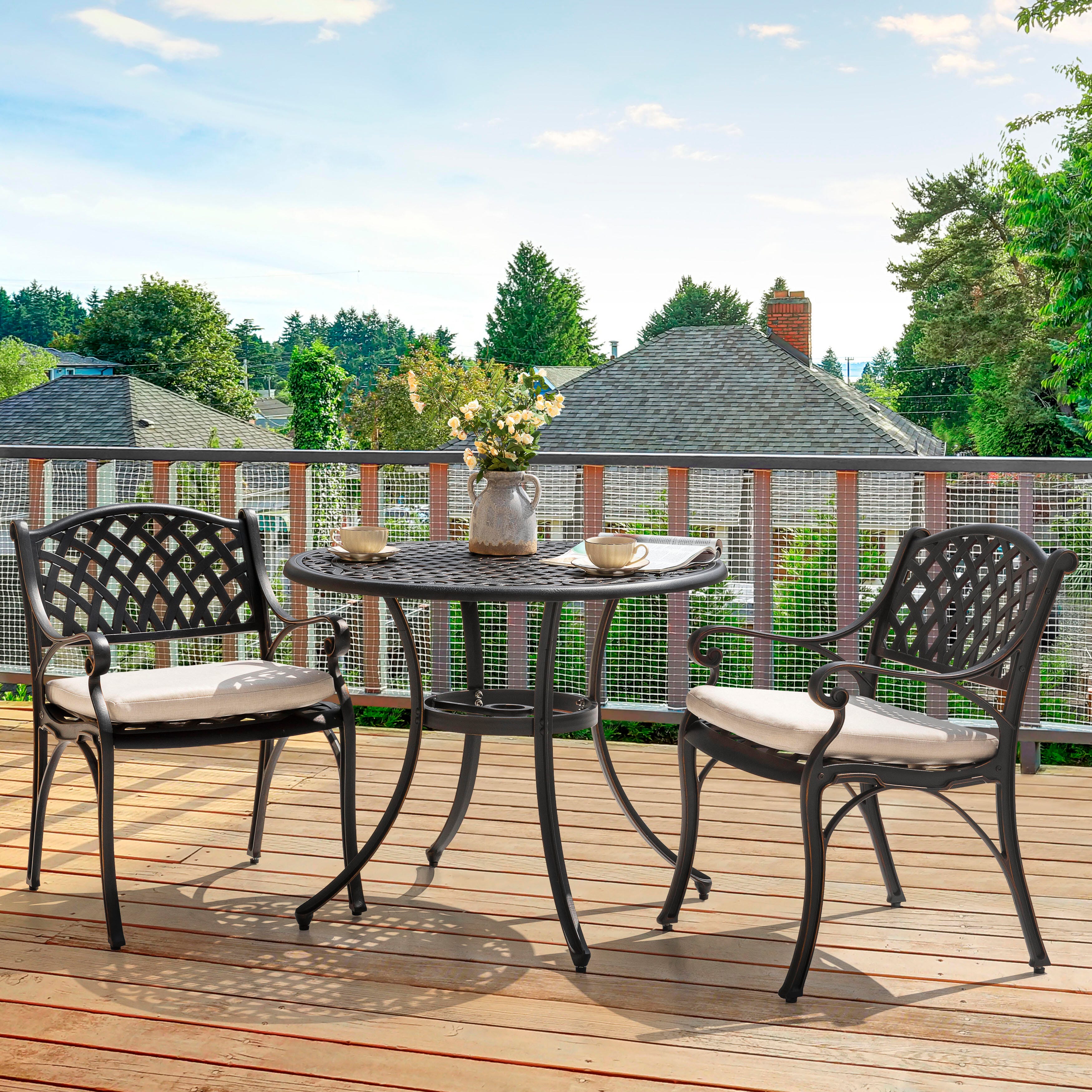 Nuu Garden 3 Piece Bistro Set with White Cushions, White/Black, large