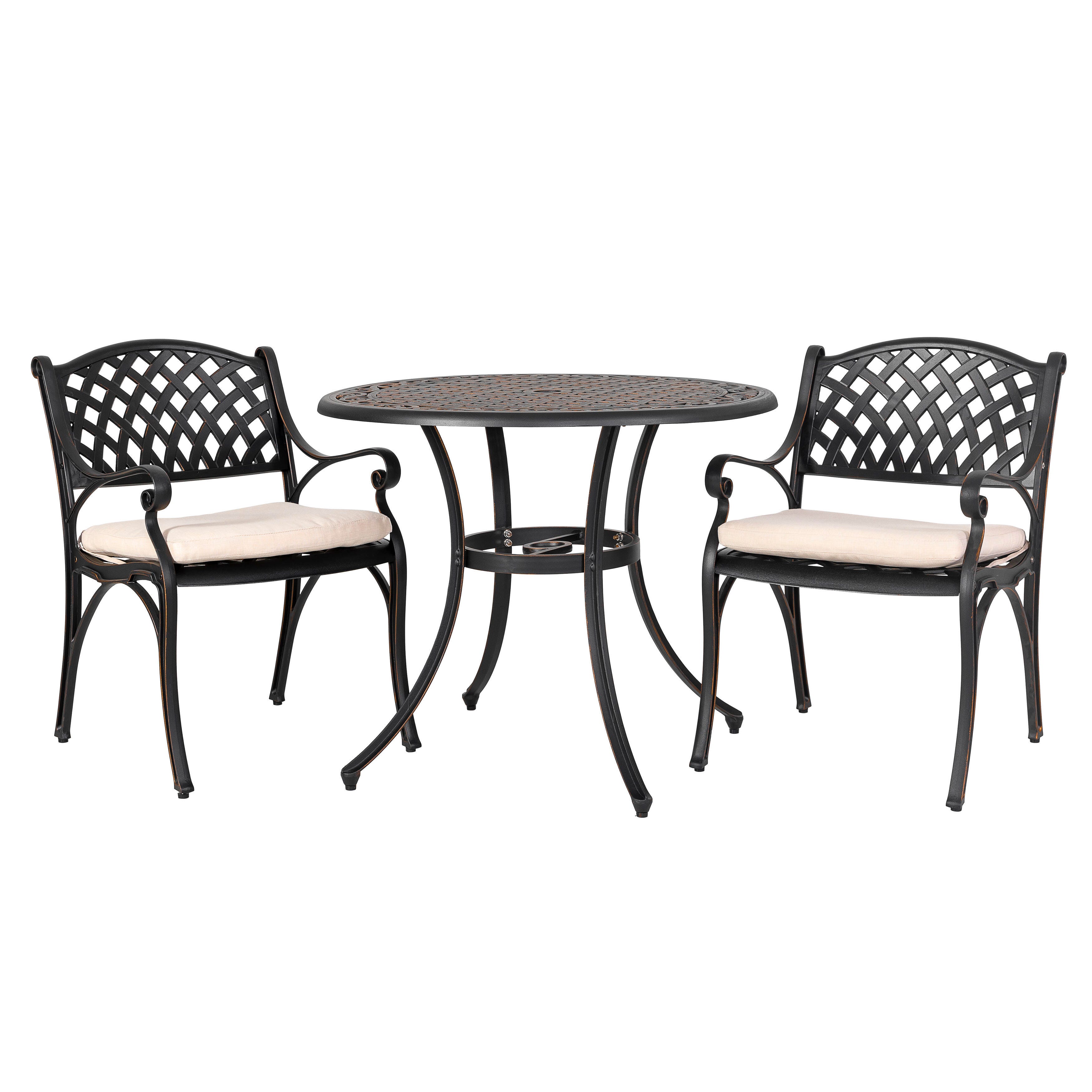 Nuu Garden 3 Piece Bistro Set with White Cushions, White/Black, large