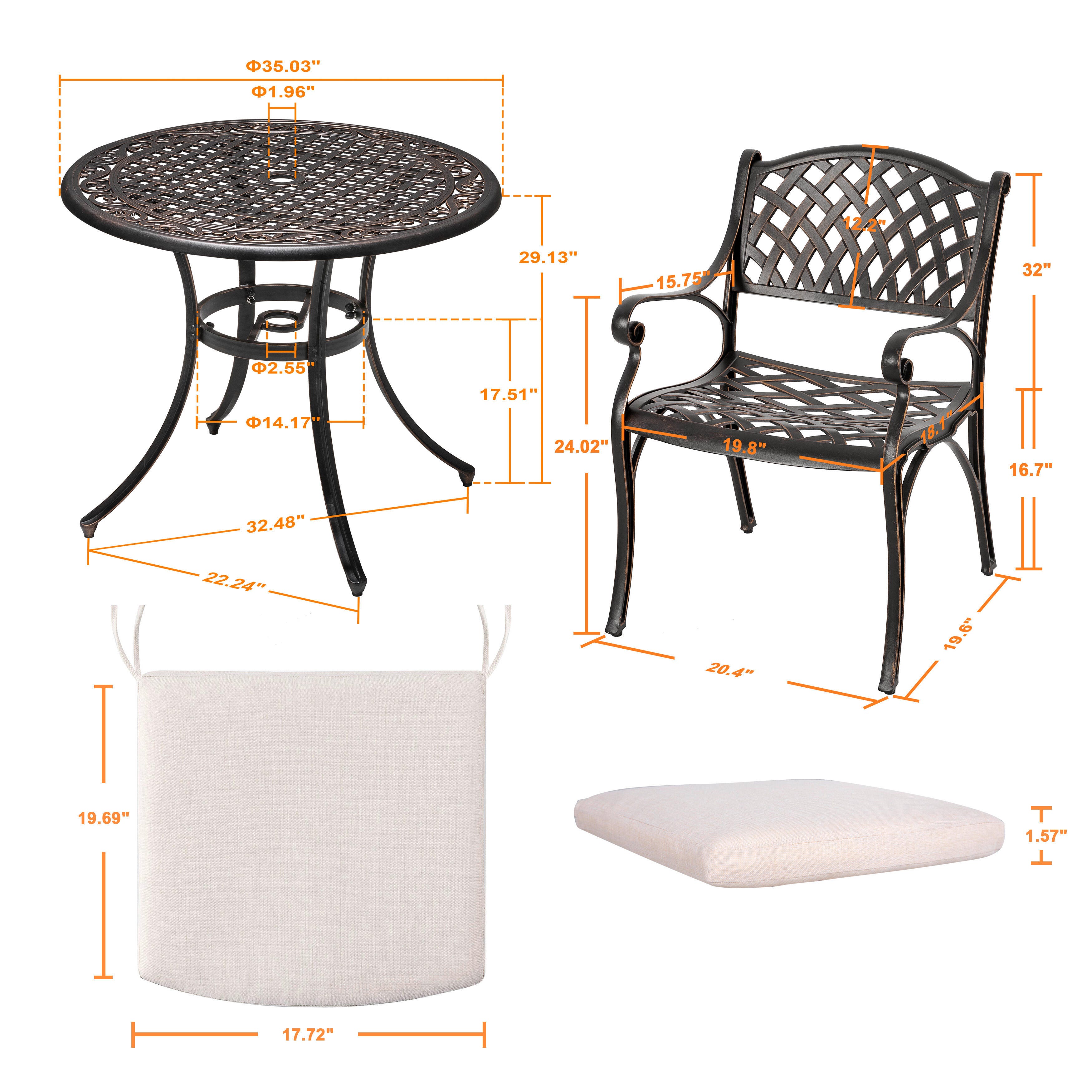 Nuu Garden 3 Piece Bistro Set with White Cushions, White/Black, large