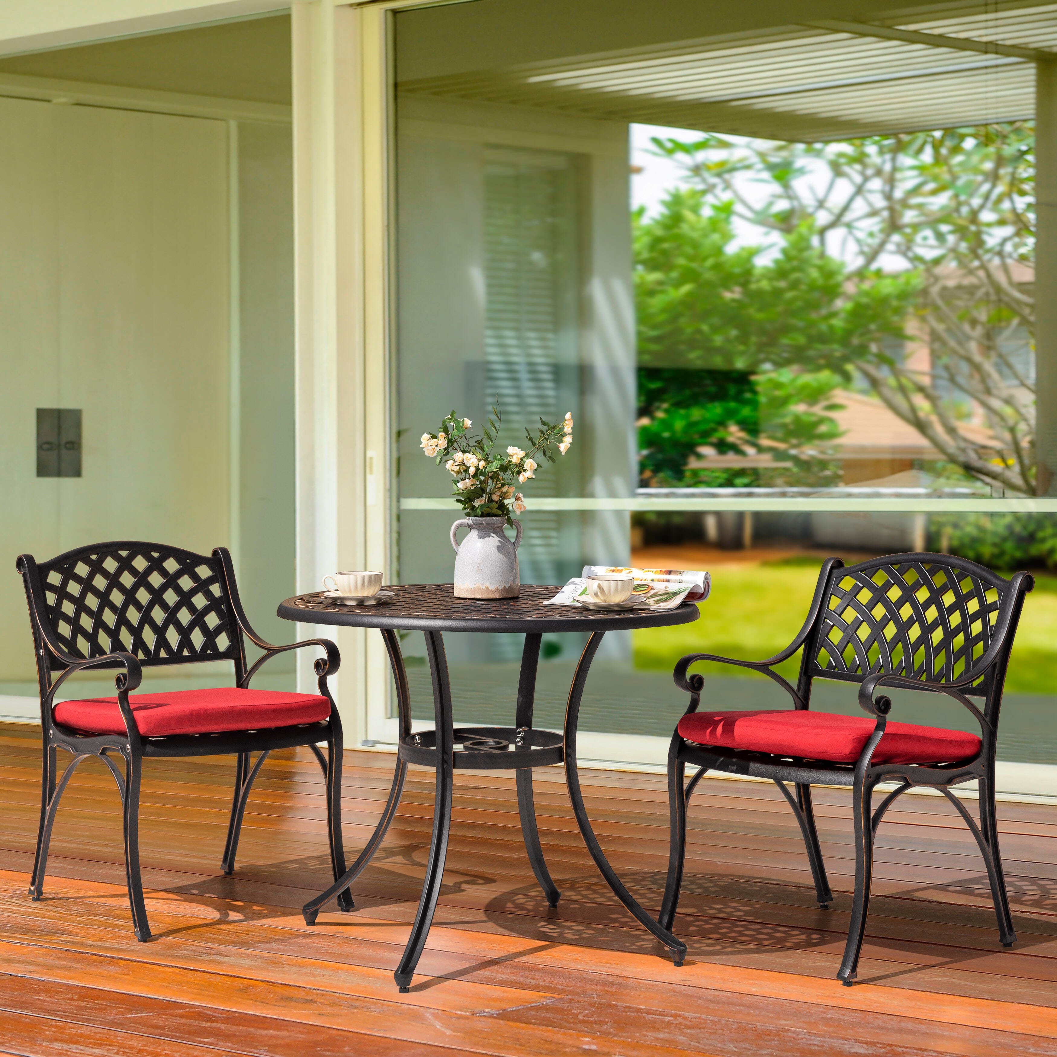 Nuu Garden 3 Piece Bistro Set with Rec Cushions, Red/Black, large