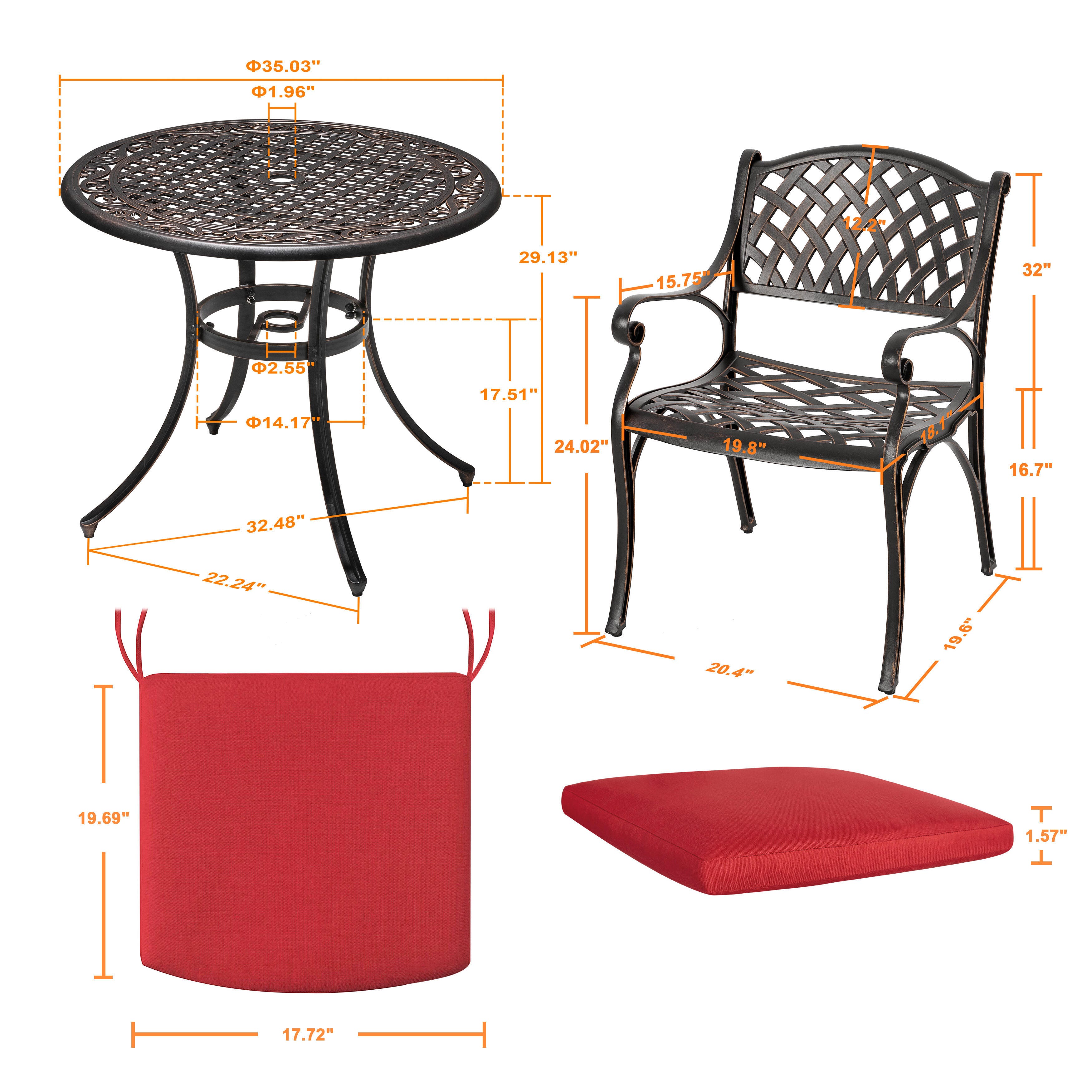 Nuu Garden 3 Piece Bistro Set with Rec Cushions, Red/Black, large
