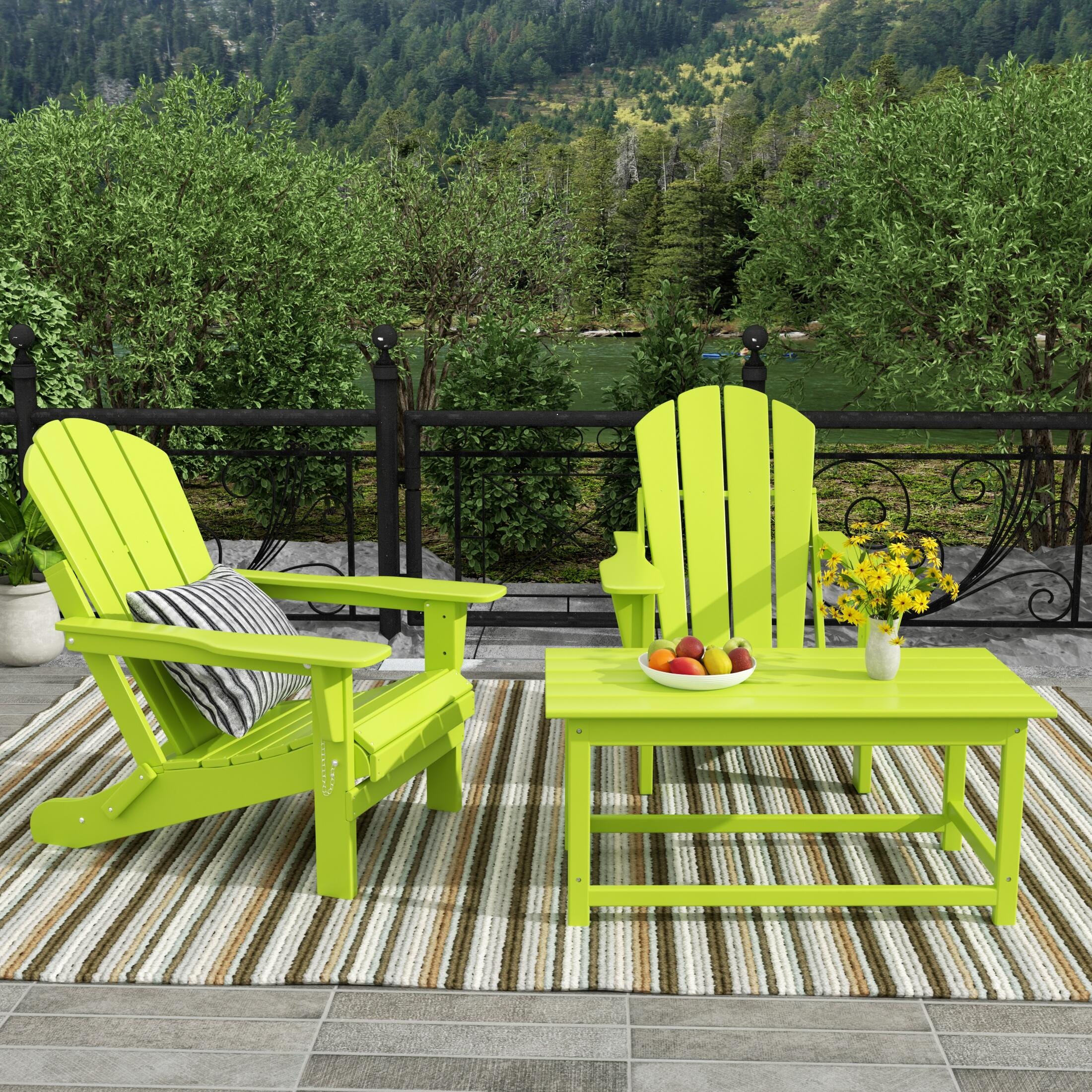 Newport Newport Folding Poly Adirondack Chairs with Coffee Table Set, Lime, large