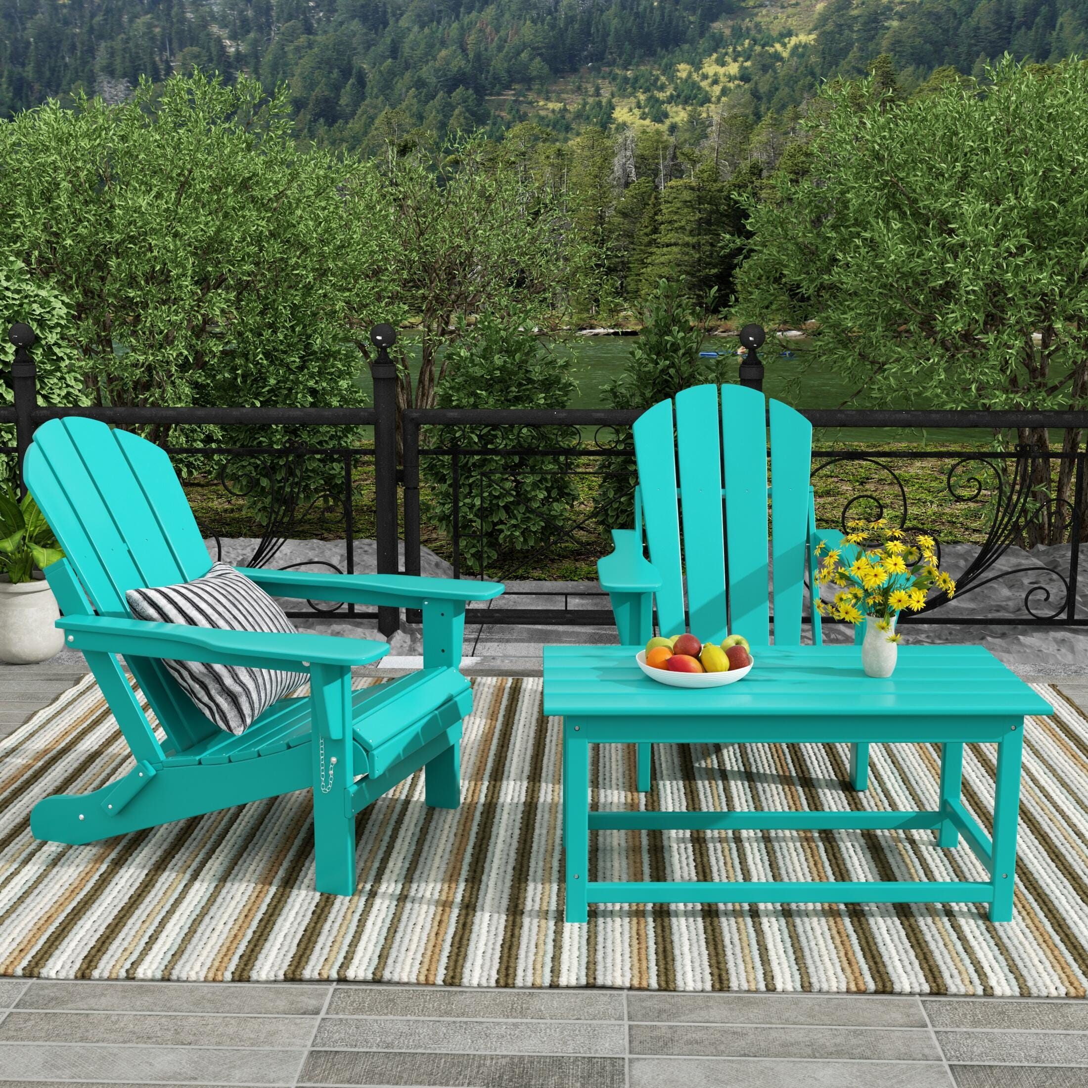 Newport Newport Folding Poly Adirondack Chairs with Coffee Table Set, Turquoise, large