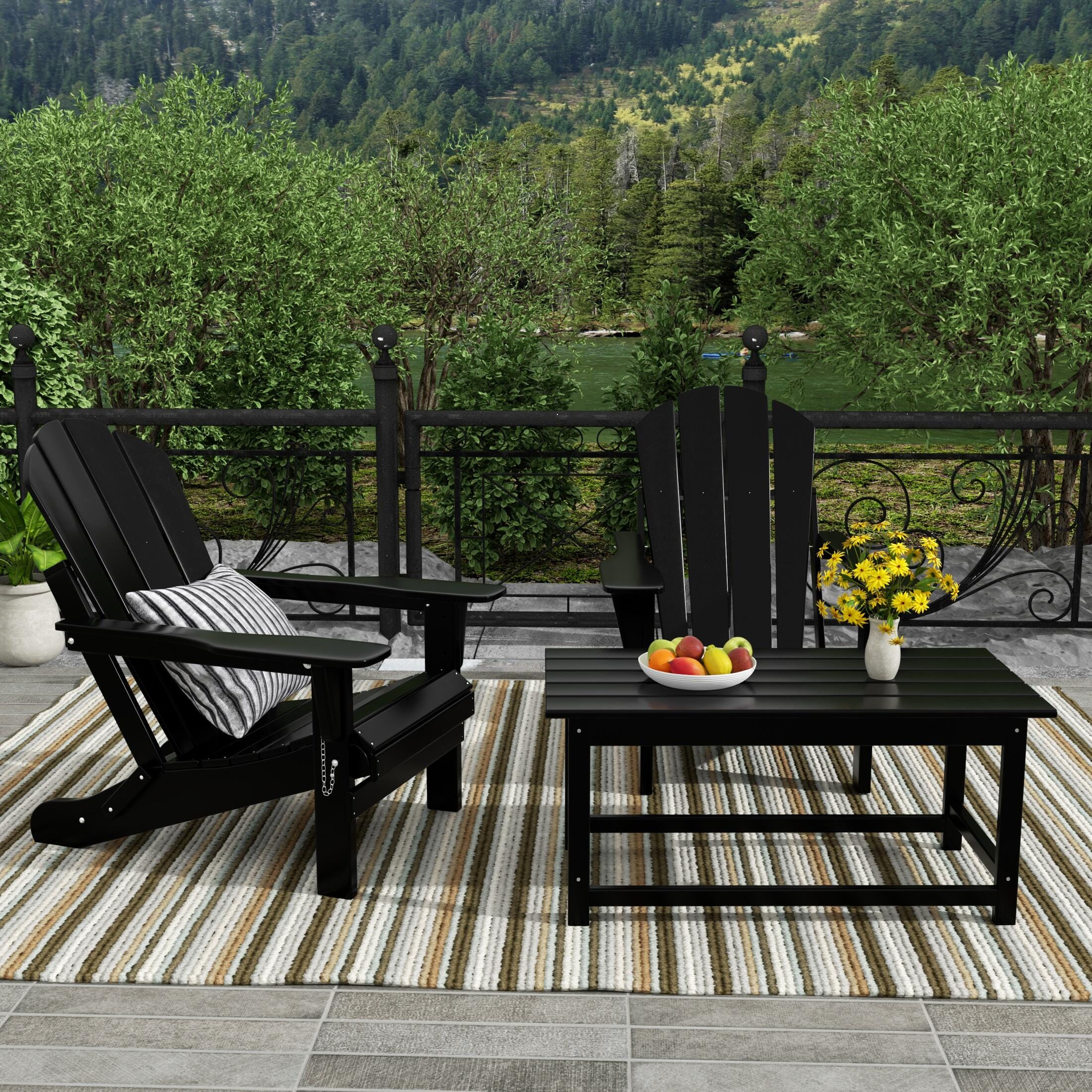Newport Newport Folding Poly Adirondack Chairs with Coffee Table Set, Black, rollover
