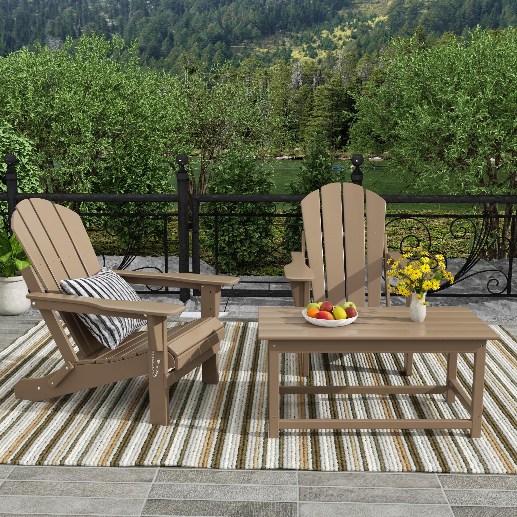 Newport Newport Folding Poly Adirondack Chairs with Coffee Table Set, Weathered Wood, rollover