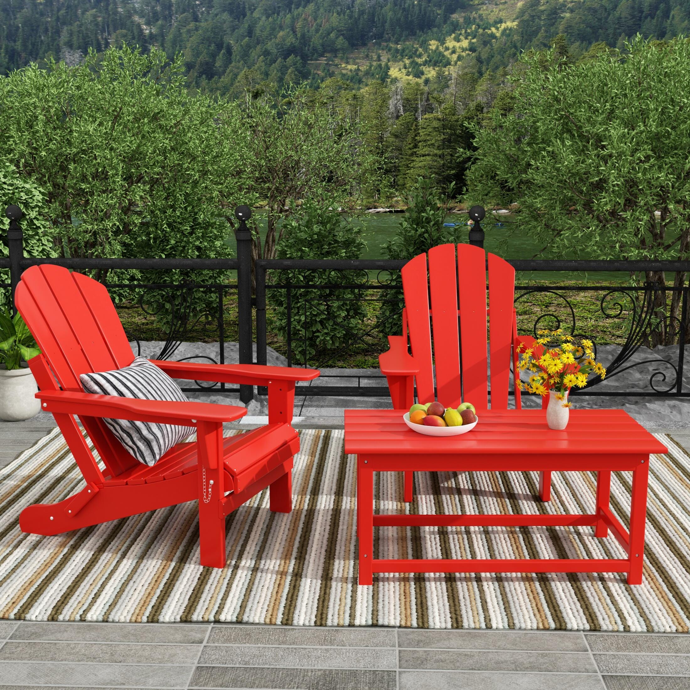 Newport Newport Folding Poly Adirondack Chairs with Coffee Table Set, Red, rollover