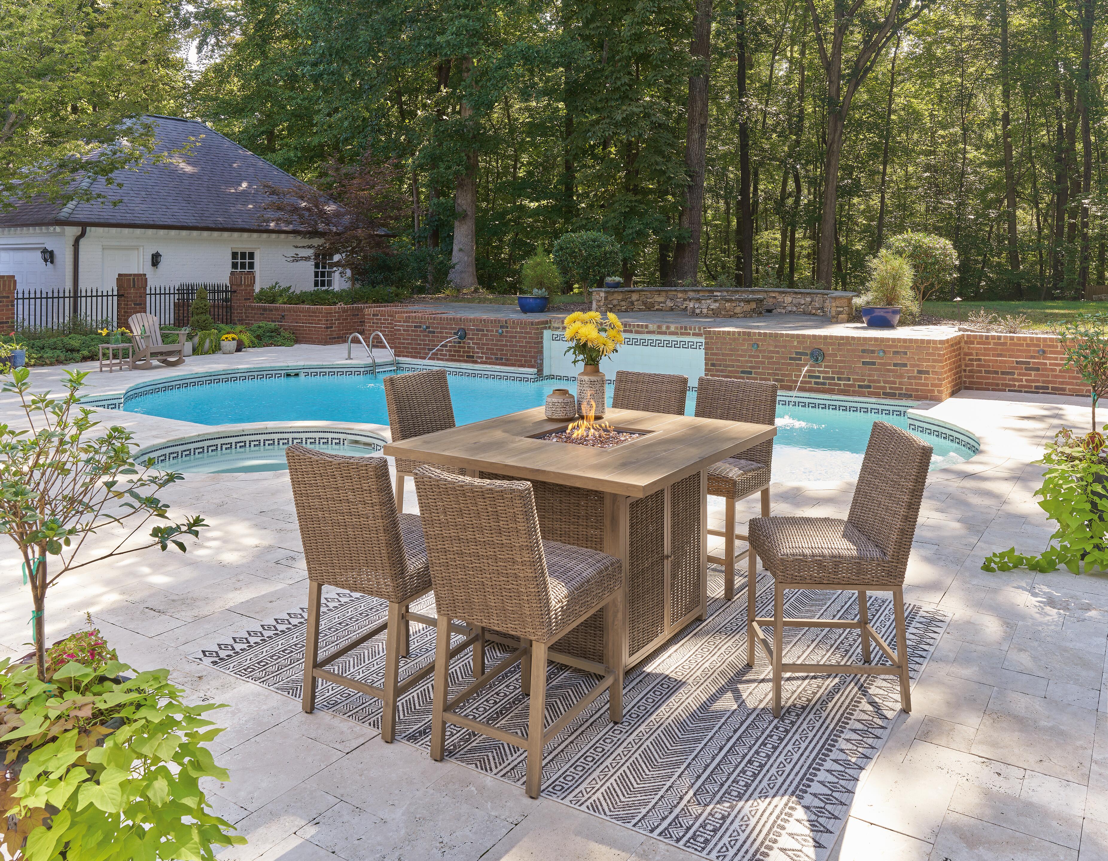 Walton Bridge Outdoor Fire Pit Table and 6 Barstools, , rollover