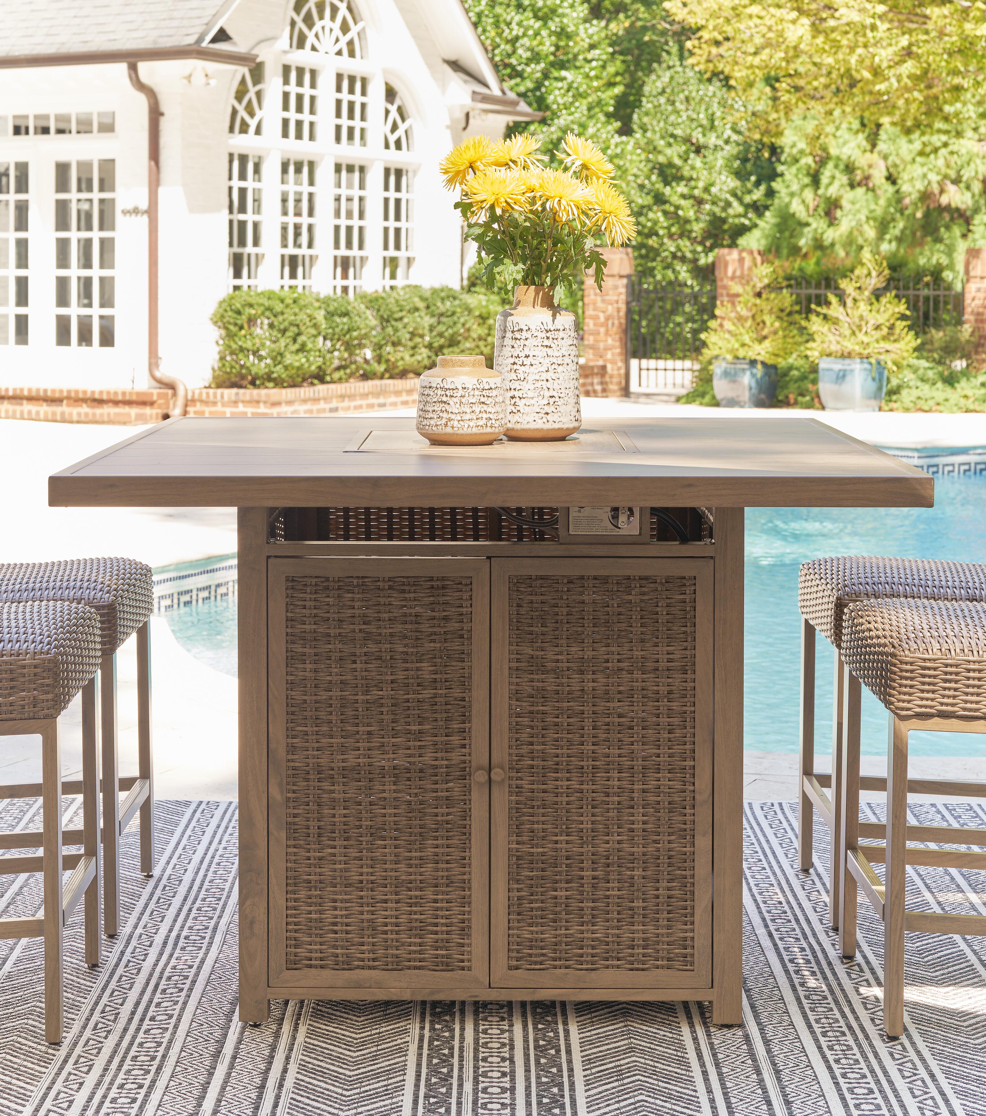 Walton Bridge Outdoor Fire Pit Table and 6 Barstools | Ashley