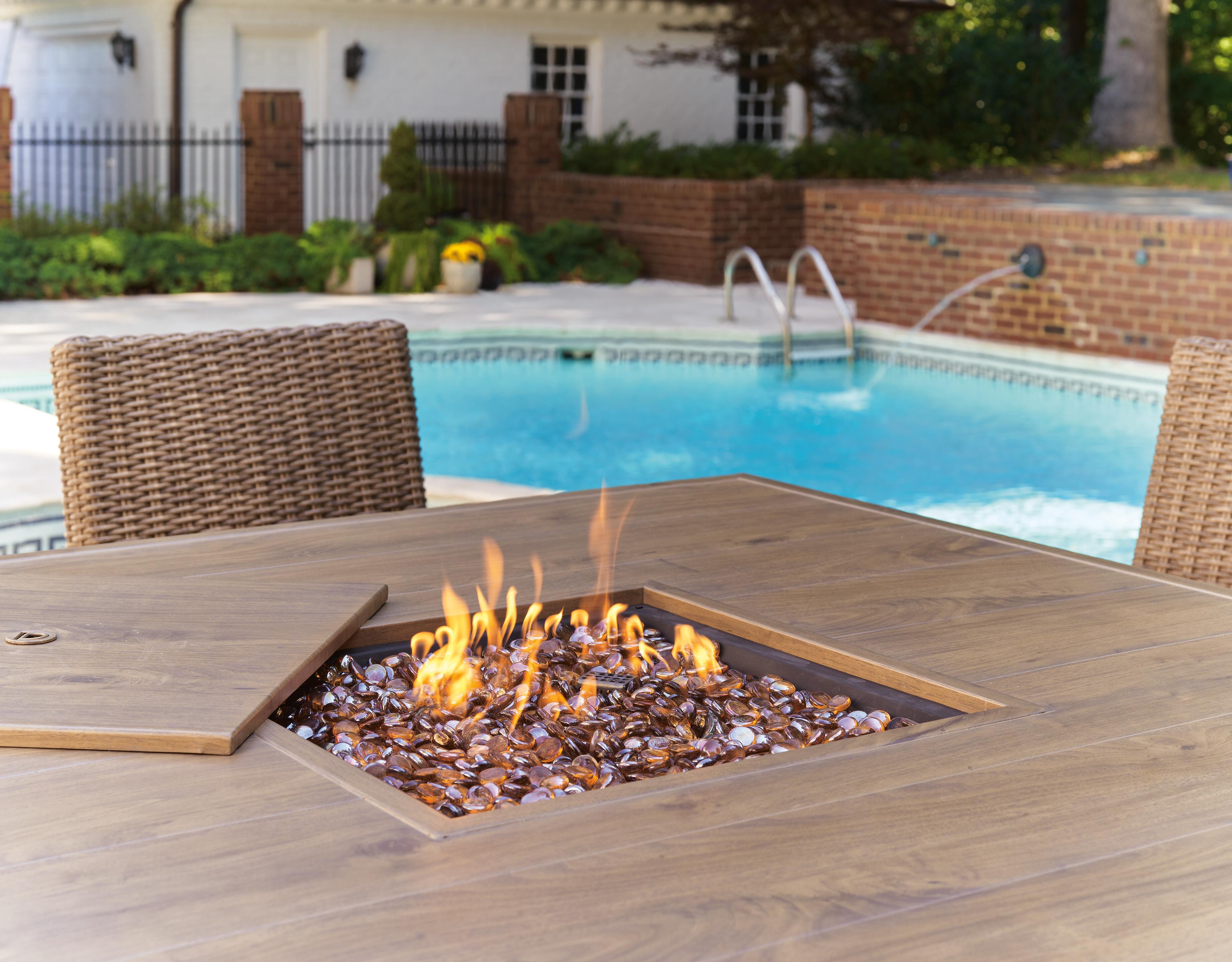 Walton Bridge Outdoor Fire Pit Table and 6 Barstools | Ashley
