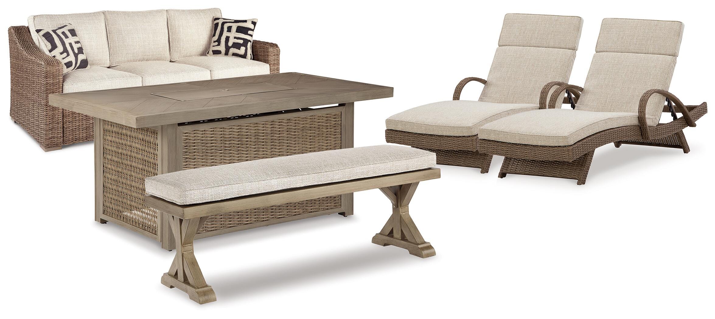Beachcroft Outdoor Sofa, 2 Chaise Lounges, Bench and Fire Pit Table - image 1