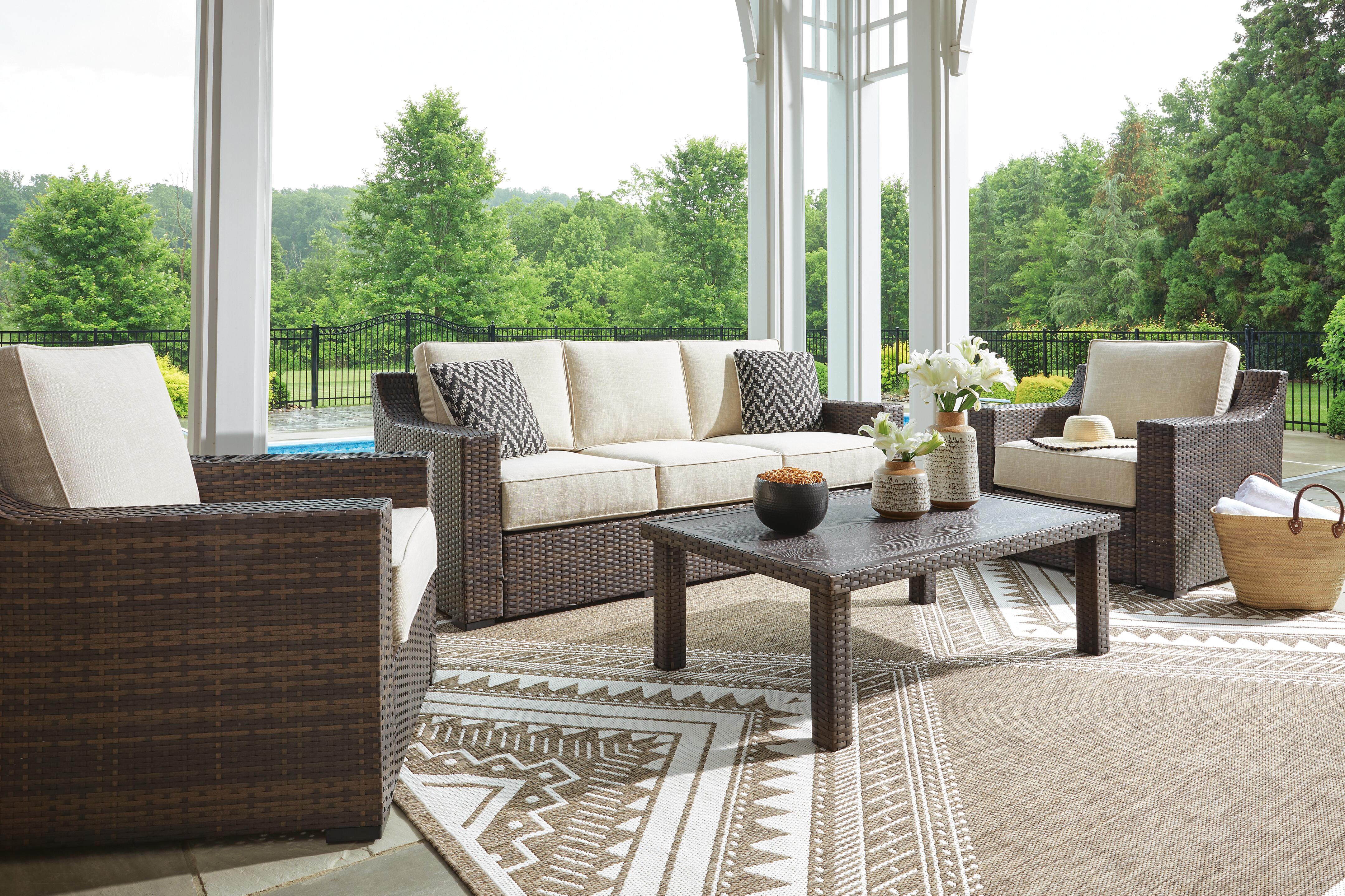 Wellingtons Peak Outdoor Sofa and 2 Chairs with Coffee Table | Ashley