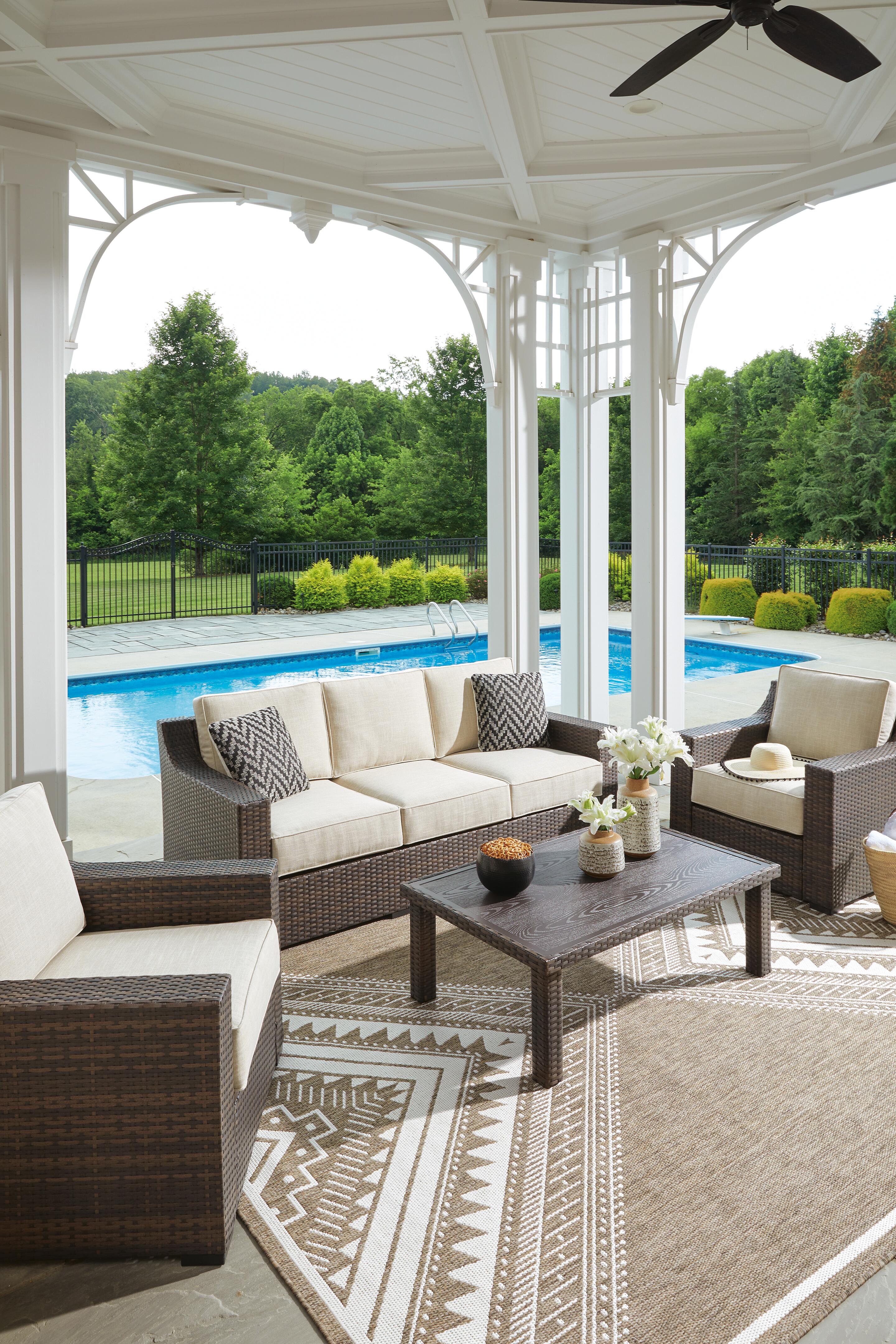 Wellingtons Peak Outdoor Sofa and 2 Chairs with Coffee Table | Ashley