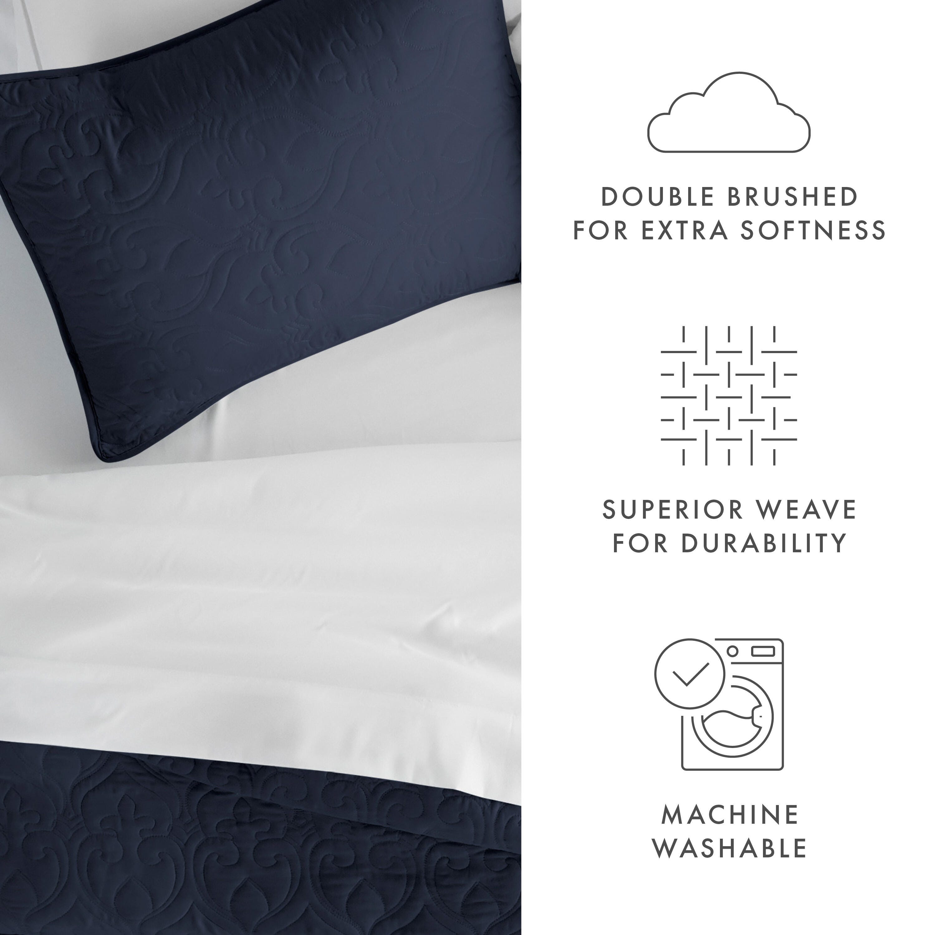 Damask Patterned 3-Piece King/California King Quilted Coverlet Set, Navy, large