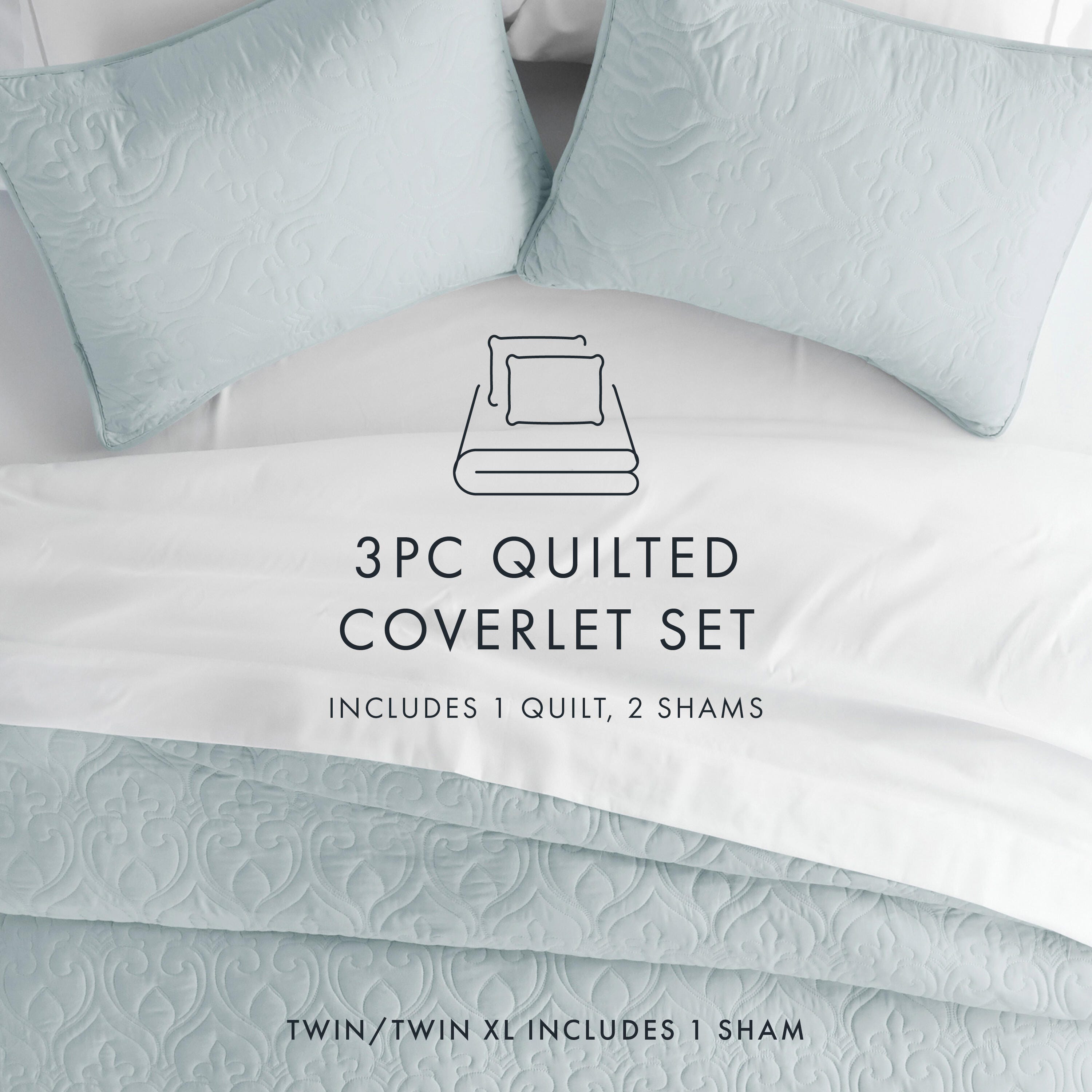 Damask Patterned 3-Piece King/California King Quilted Coverlet Set, Pale Blue, large
